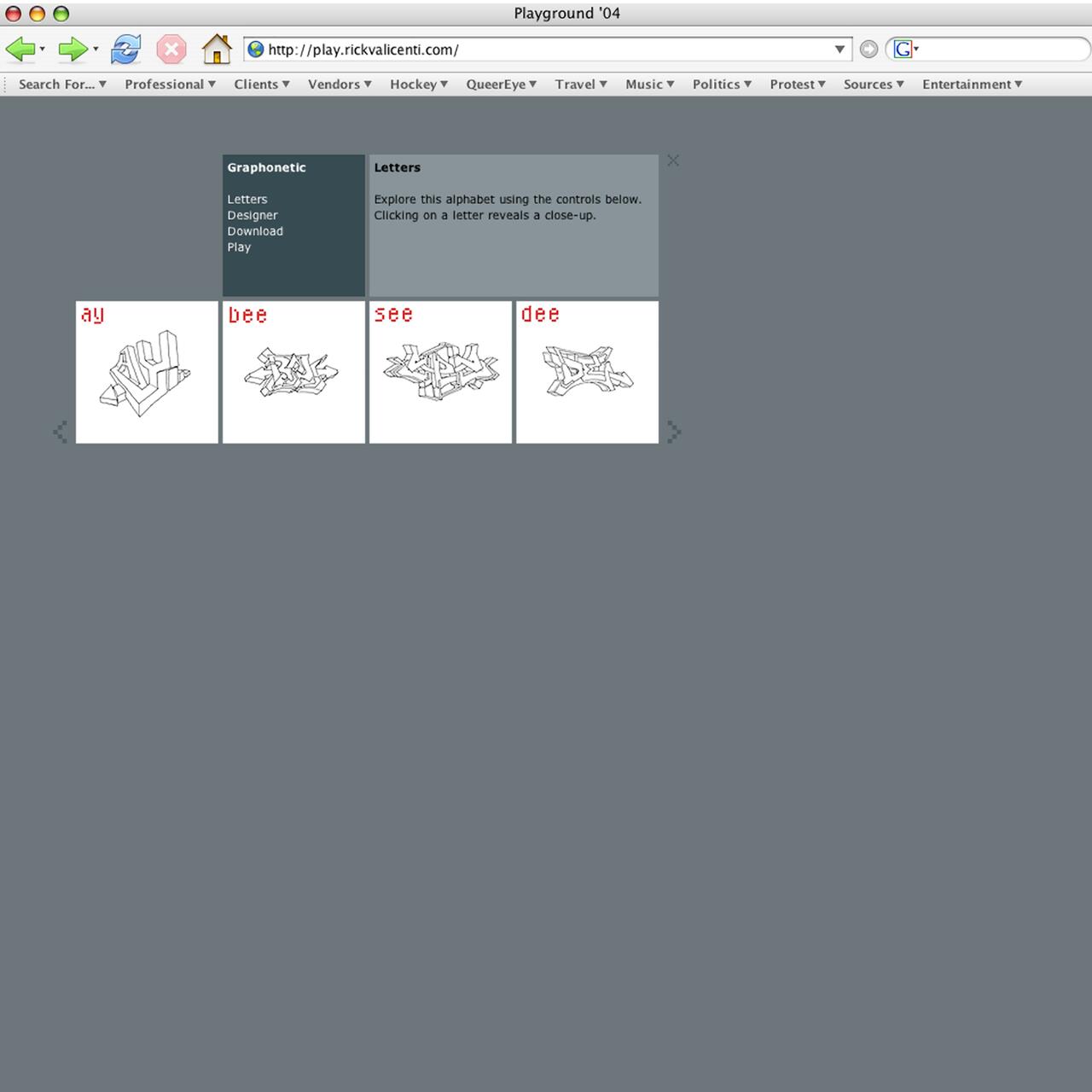Web page interface displaying abstract 3D alphabet designs with navigation controls.