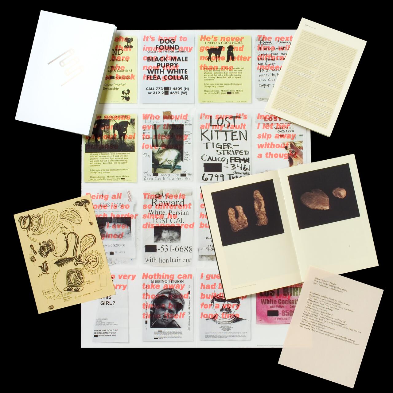 A collection of various overlapping papers, including handwritten notes, flyers with red text overlay, and photographs of objects and artworks, arranged against a black background.