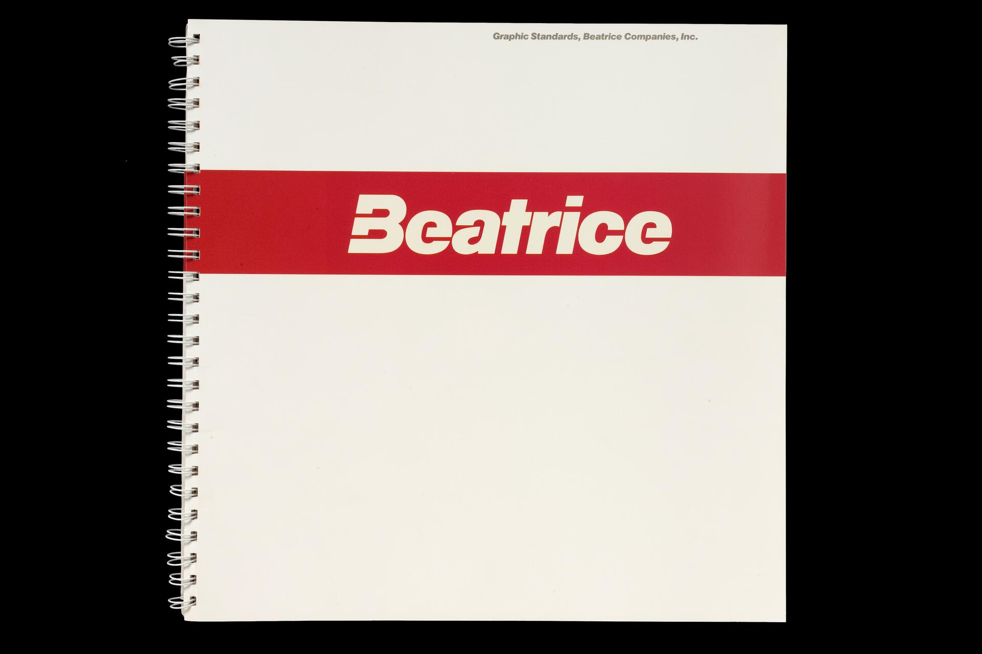 Spiral-bound booklet with a white cover featuring a bold red stripe and the word "Beatrice" in white letters.