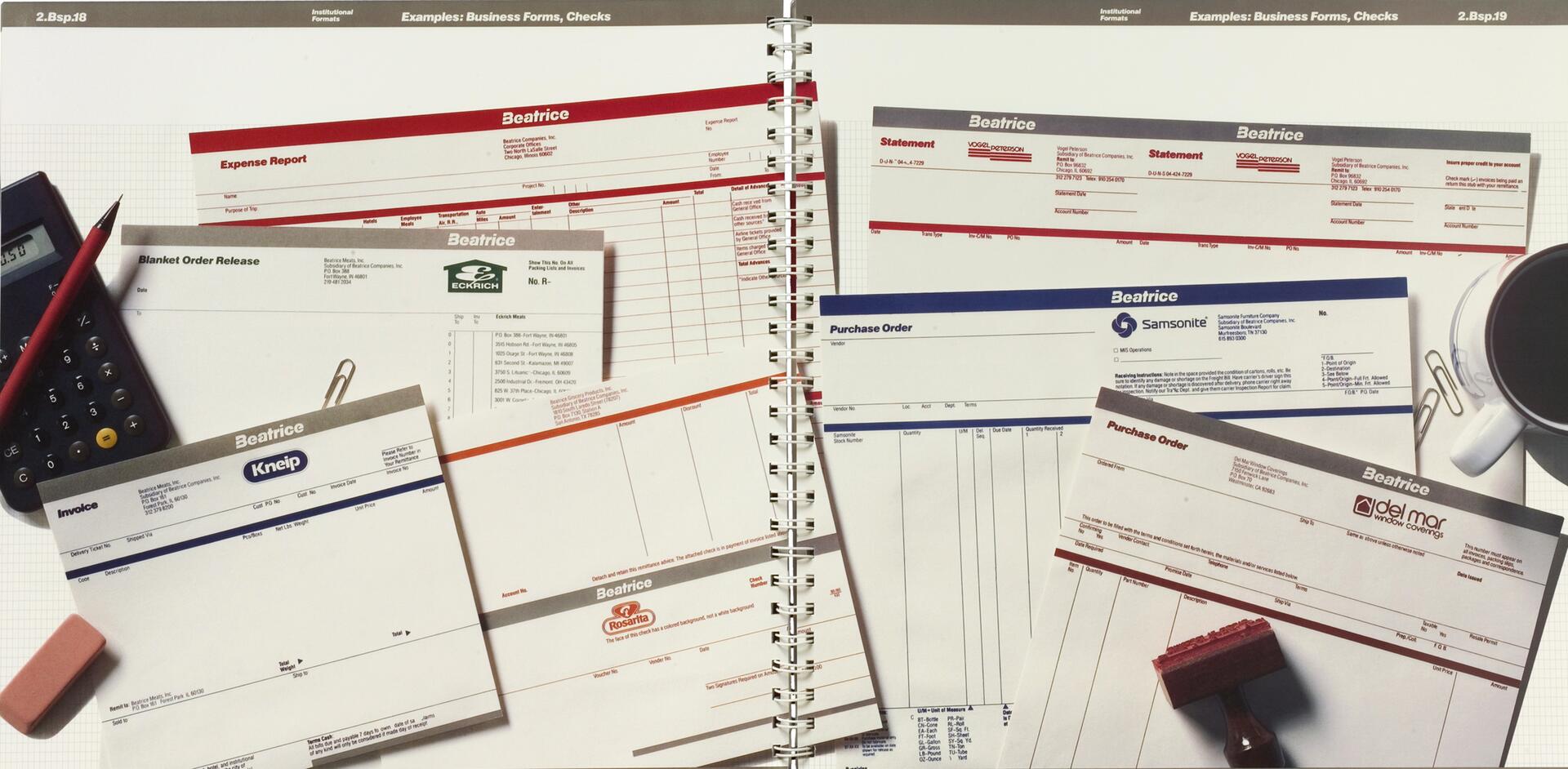 Open binder with various business forms, including expense reports, invoices, and purchase orders. A calculator with a red pencil, eraser, and coffee cup with paperclips are nearby.