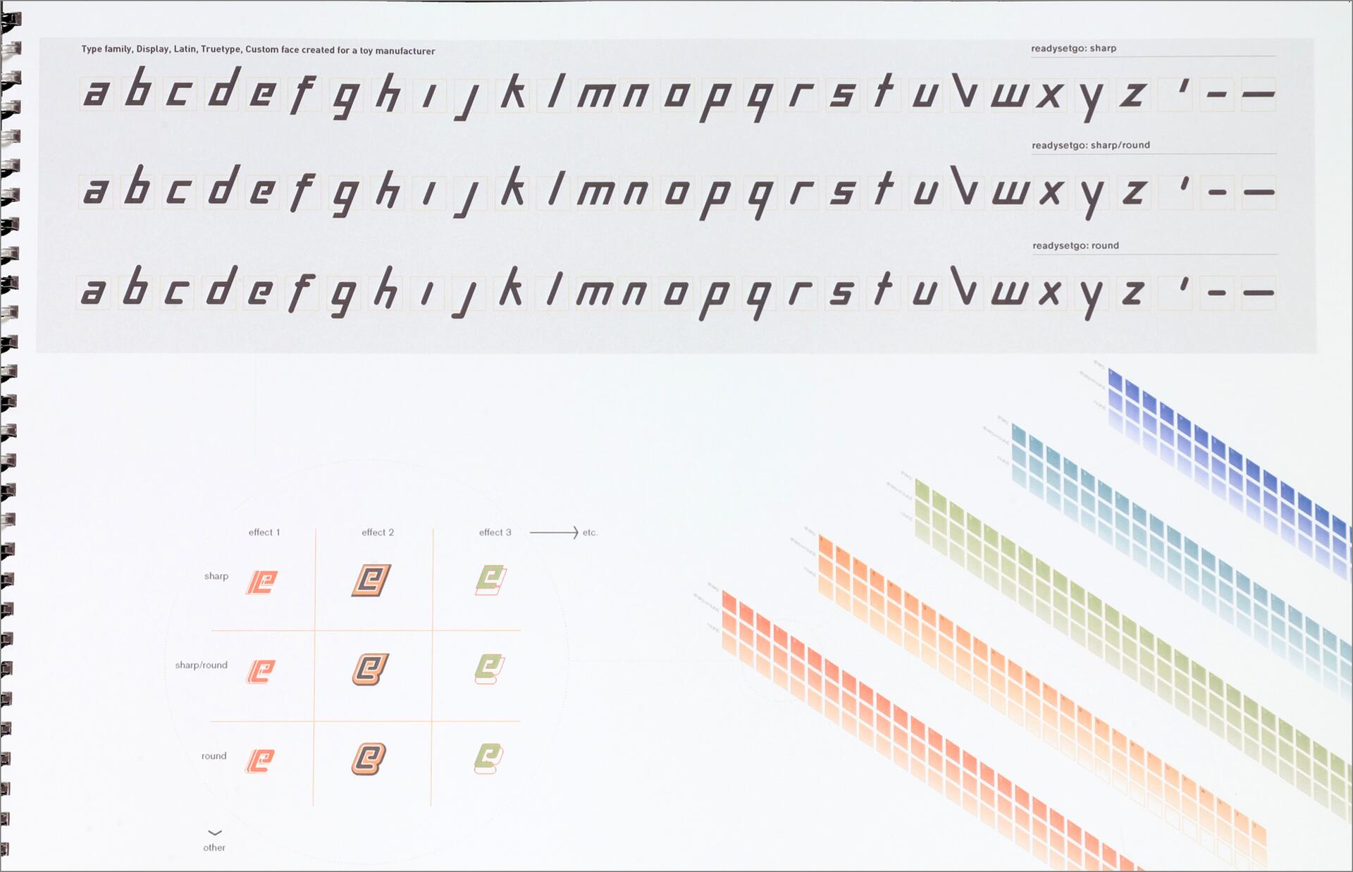 Custom typeface samples titled "readysetgo" in sharp, sharp/round, and round styles. Below are grid illustrations with colored squares in various effects. 