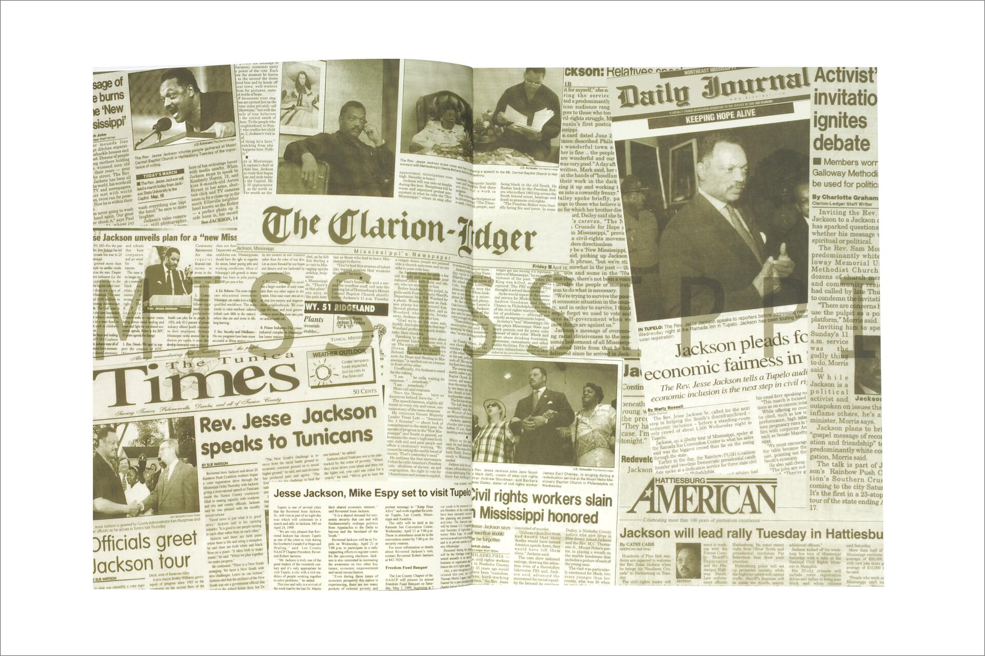 Collage of newspaper clippings featuring articles about Jesse Jackson, civil rights topics, and events in Mississippi. Prominent newspaper titles like "The Clarion-Ledger," "Daily Journal," and "The Tunica Times" are visible, overlaid with the word "MISSISSIPPI."