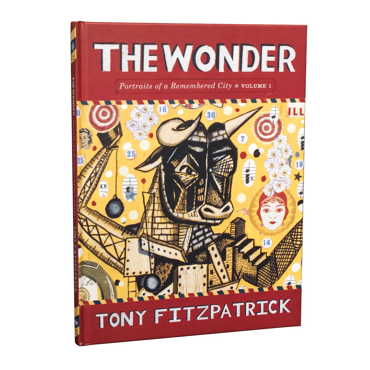 Red book cover titled "The Wonder" by Tony Fitzpatrick, featuring stylized artwork of a bull with geometric patterns and a cityscape. Background includes retro elements with numbers, targets, and illustrations set against a yellow polka dot backdrop.