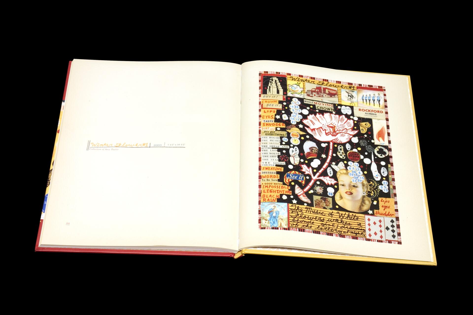 Open book with a colorful artwork collage on the right page, featuring a white and red flower, text, numbers, and faces on a black background. The left page has minimal text.