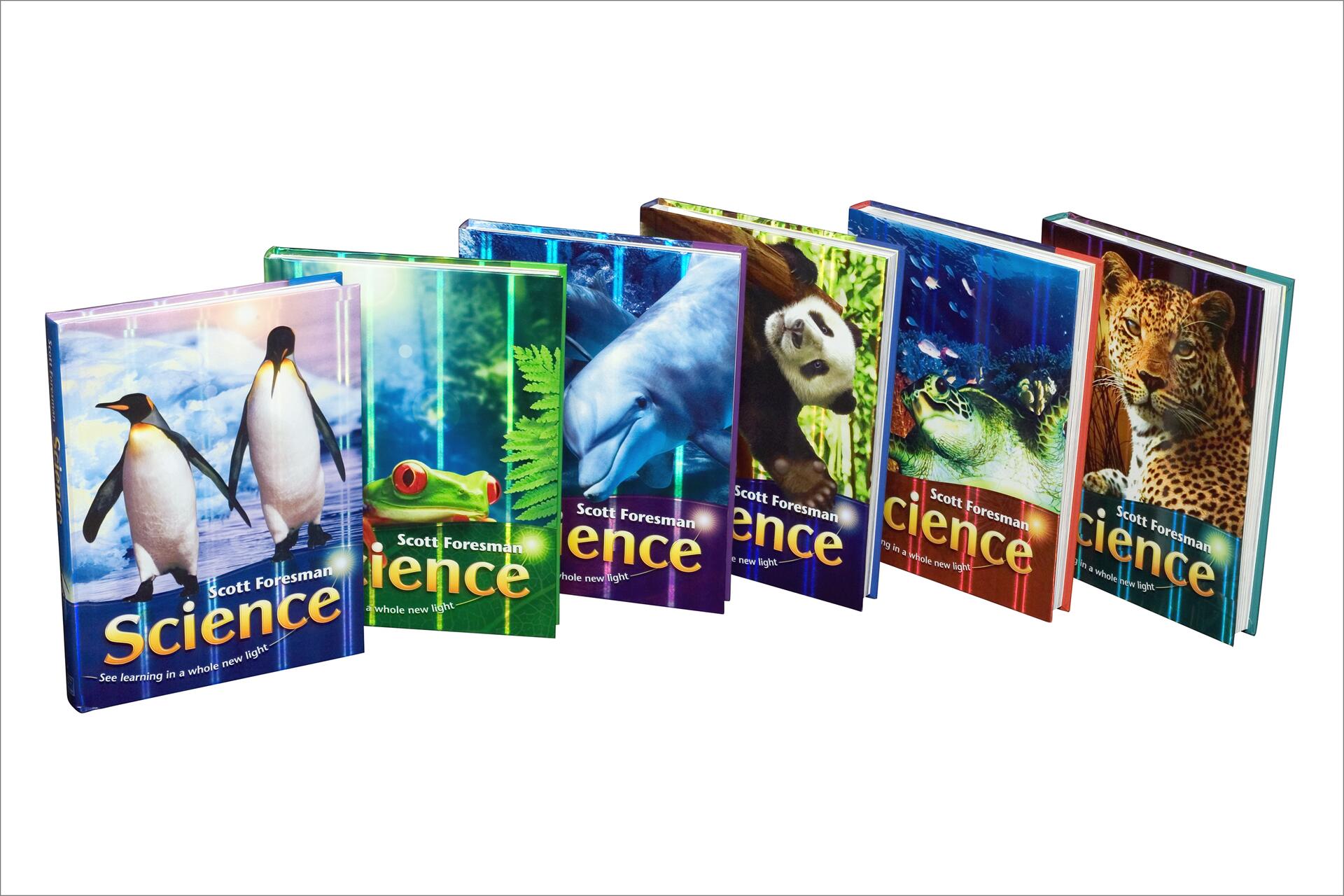 Textbooks titled "Scott Foresman Science" with covers featuring animals: penguins, a red-eyed tree frog, a dolphin, a panda, a sea turtle, and a leopard.