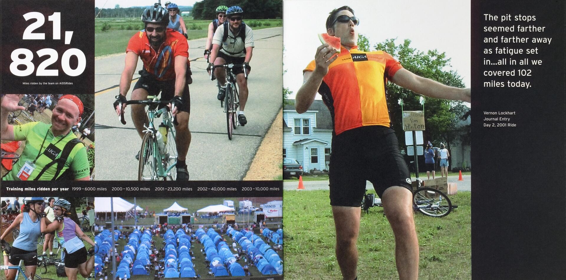 Cyclists in colorful jerseys ride on a road with a cyclist in the foreground smiling. Below, a campsite with rows of blue tents. On the right, a person in an orange jersey poses animatedly with a watermelon slice. Text highlights riding achievements.