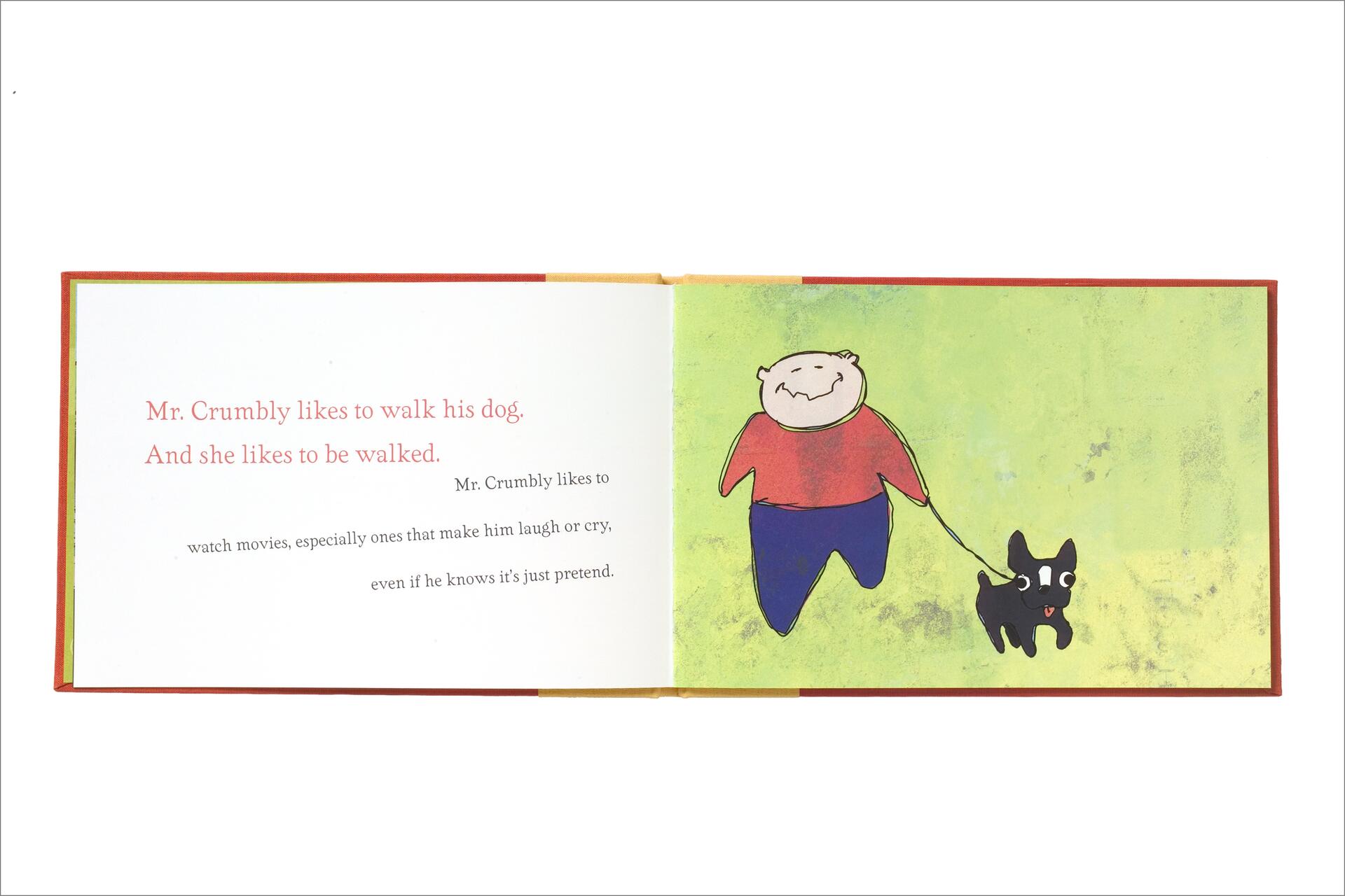A storybook illustration with a smiling man in a red shirt and blue pants walking a happy black dog on a leash against a textured green background. Text on the left side reads about walking the dog and watching movies.