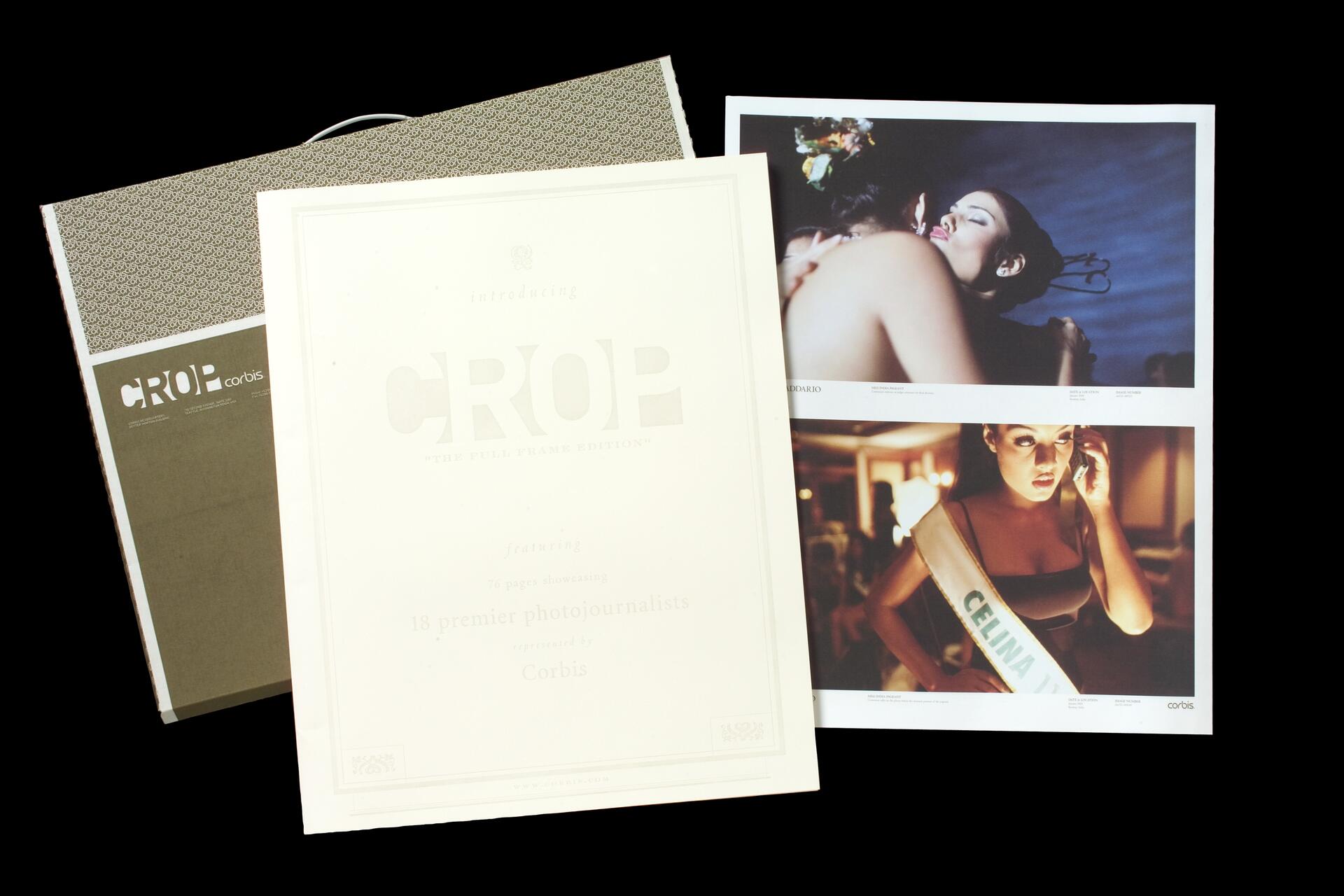 Brochure and prints from Corbis, featuring a cover with "CROP" text and two images: one of a woman talking on a phone with a sash, and another of two women embracing at an event.