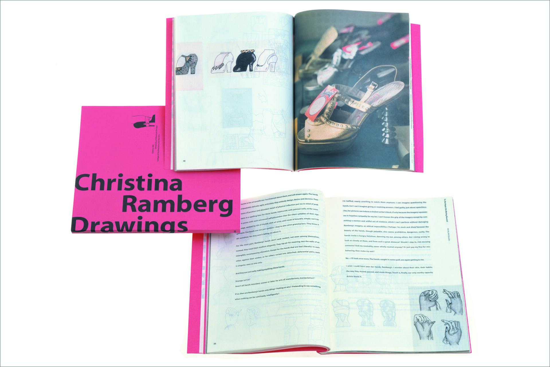 Bright pink book titled "Christina Ramberg Drawings" lies open, revealing pages with intricate sketches of shoes and hands alongside a photograph of embellished high-heeled shoes. Another open page shows detailed drawings and text.
