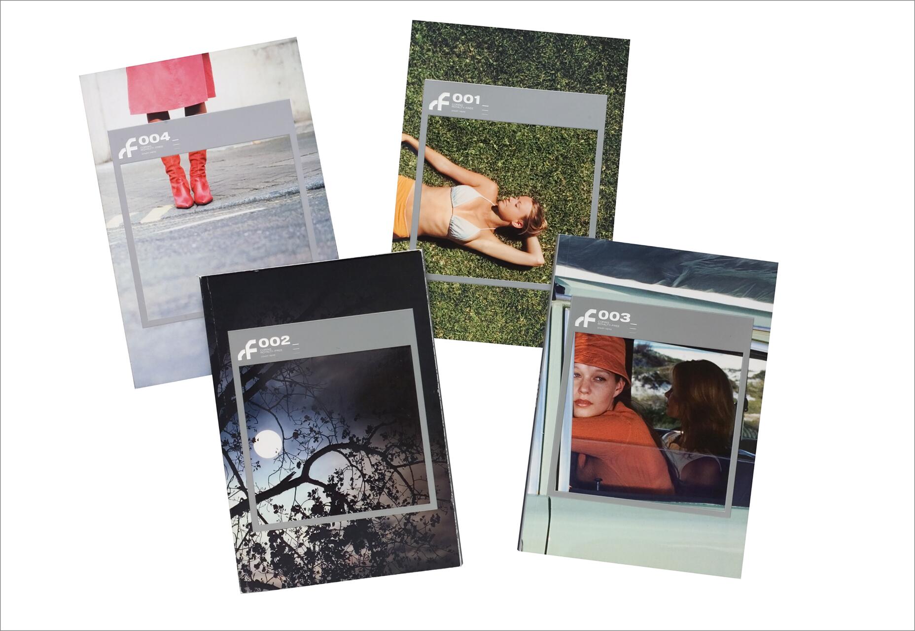 Four magazine covers with artistic photography: a woman lying on grass, red boots on pavement, a moonlit tree, and two women in a car, one wearing an orange headscarf.