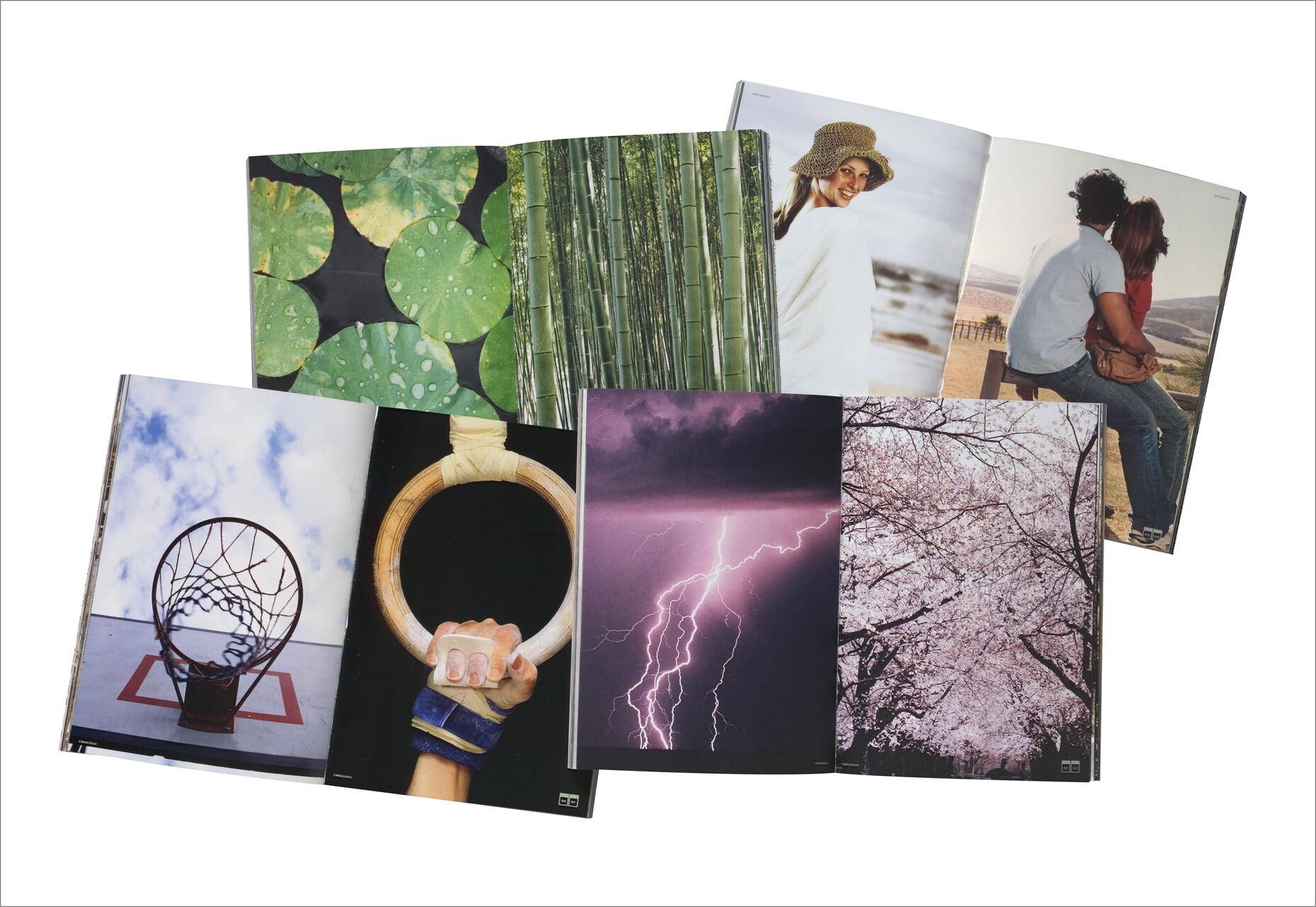 Open pages from a magazine displaying various photographs: green lily pads, bamboo stalks, a smiling woman in a hat, a couple sitting together, a basketball hoop, a gymnast holding a ring, a lightning strike, and blooming cherry blossoms.