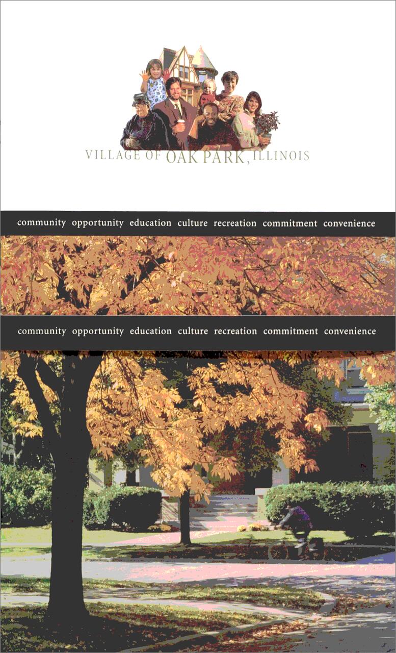 Collage with diverse people smiling, a house, and text “Village of Oak Park, Illinois.” Below is a strip of autumn leaves and a cyclist in a suburban street, overlaid with words like “community” and “opportunity.”