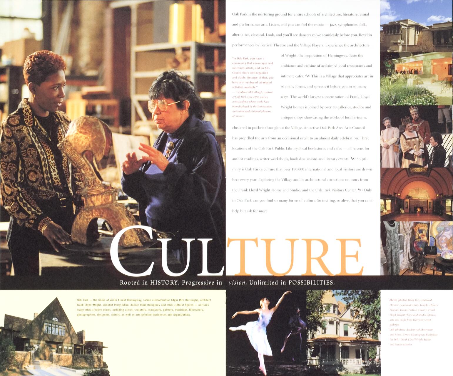 Two people discussing a large sculptural piece in an art setting, surrounded by collaged images of cultural activities and architecture. The word "CULTURE" is prominently displayed.