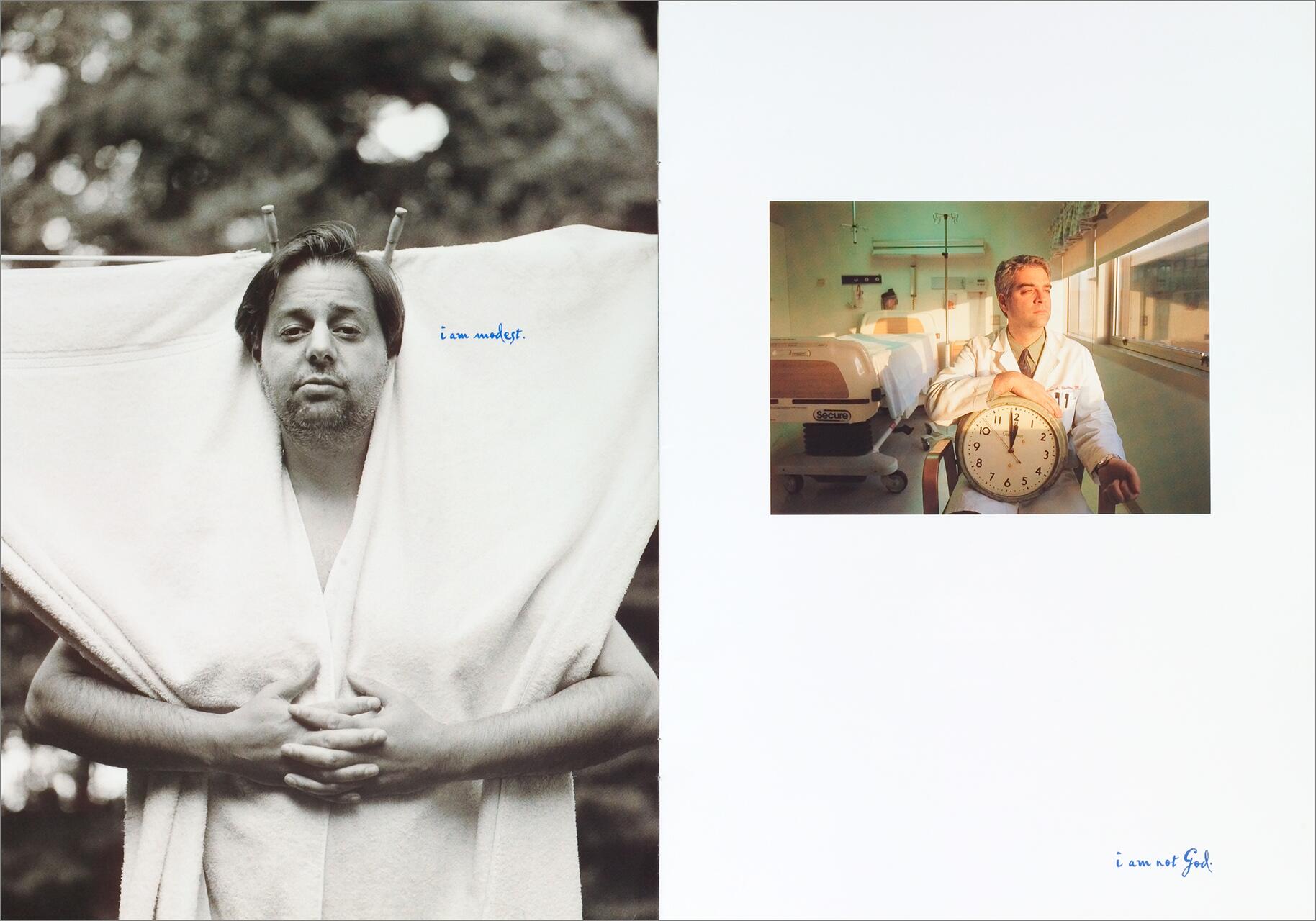 On the left, a black-and-white photo of a man with a towel clipped around his neck, looking relaxed. On the right, a color photo of a man in a lab coat holding a large clock in a clinical setting.