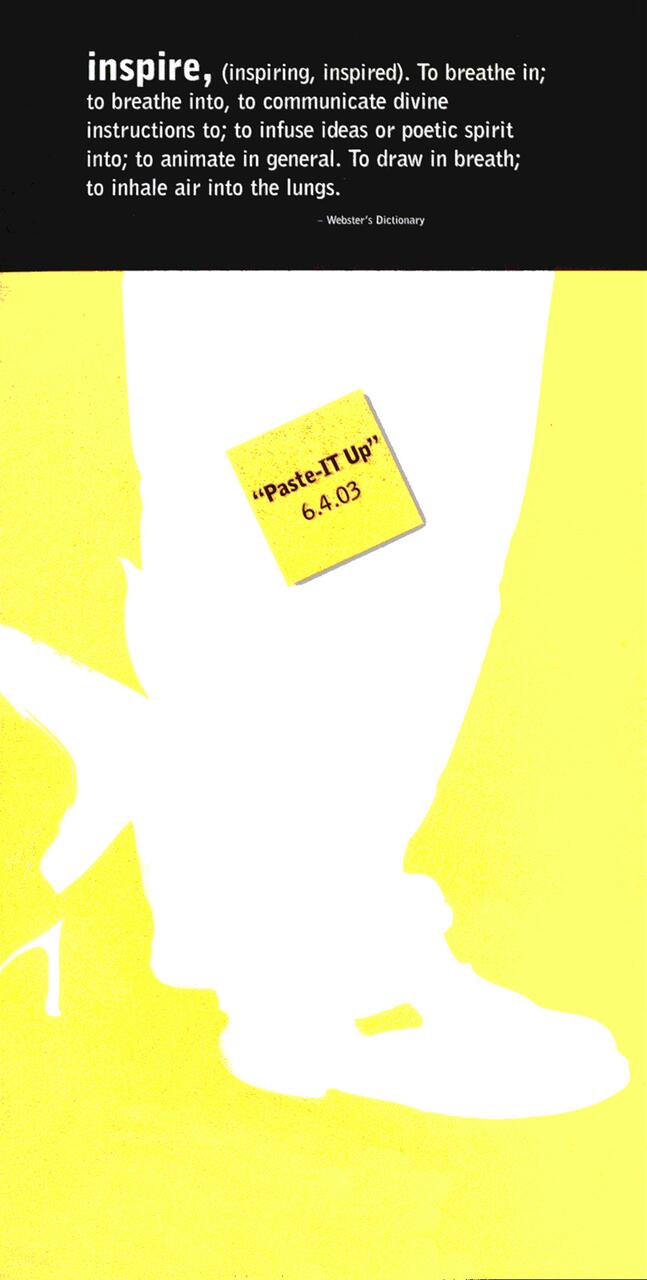 White silhouette of a person in high heels against a yellow background, with a yellow sticky note reading "Paste-IT Up" 6.4.03.