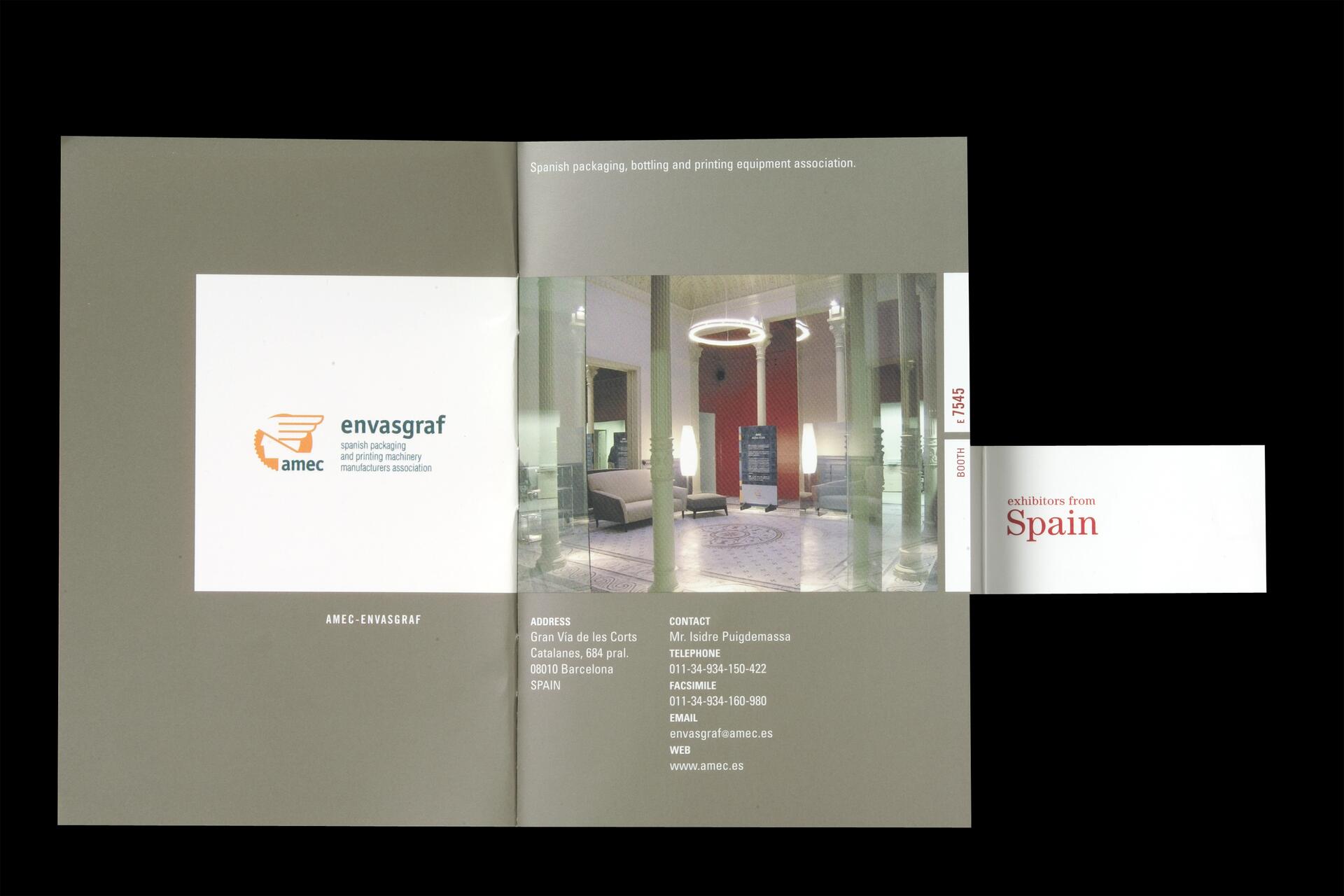 Brochure for "amec envasgraf" featuring a modern red and gray interior with circular lighting and columns. Contact information for the Spanish packaging and printing machinery association is listed. The text highlights "exhibitors from Spain."