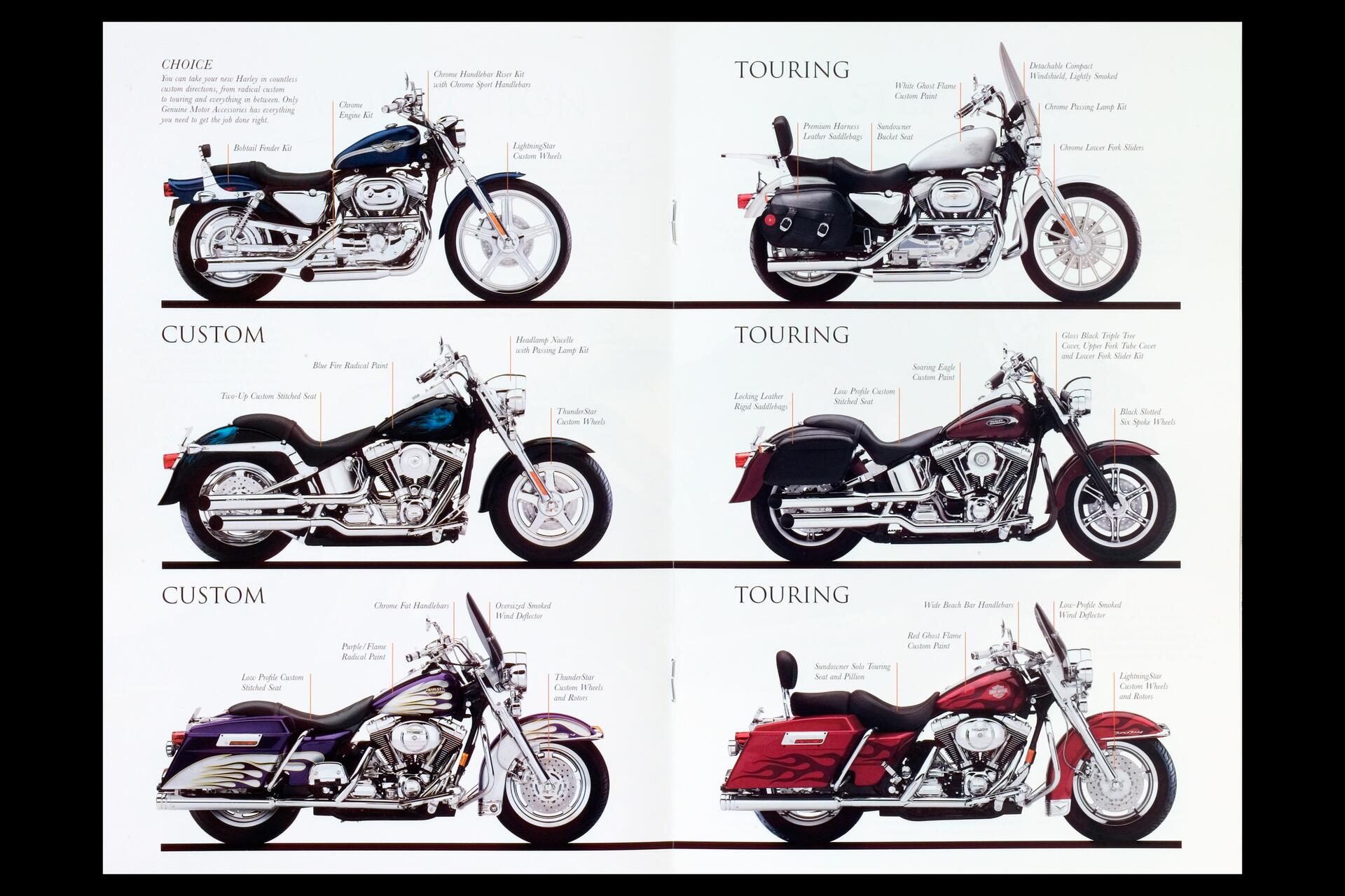 A brochure showcasing six Harley Davidson motorcycles in various styles and colors, including blue, black, and red designs. Each is labeled under categories like "Choice," "Touring," and "Custom," with highlighted features such as paint and seat styles.
