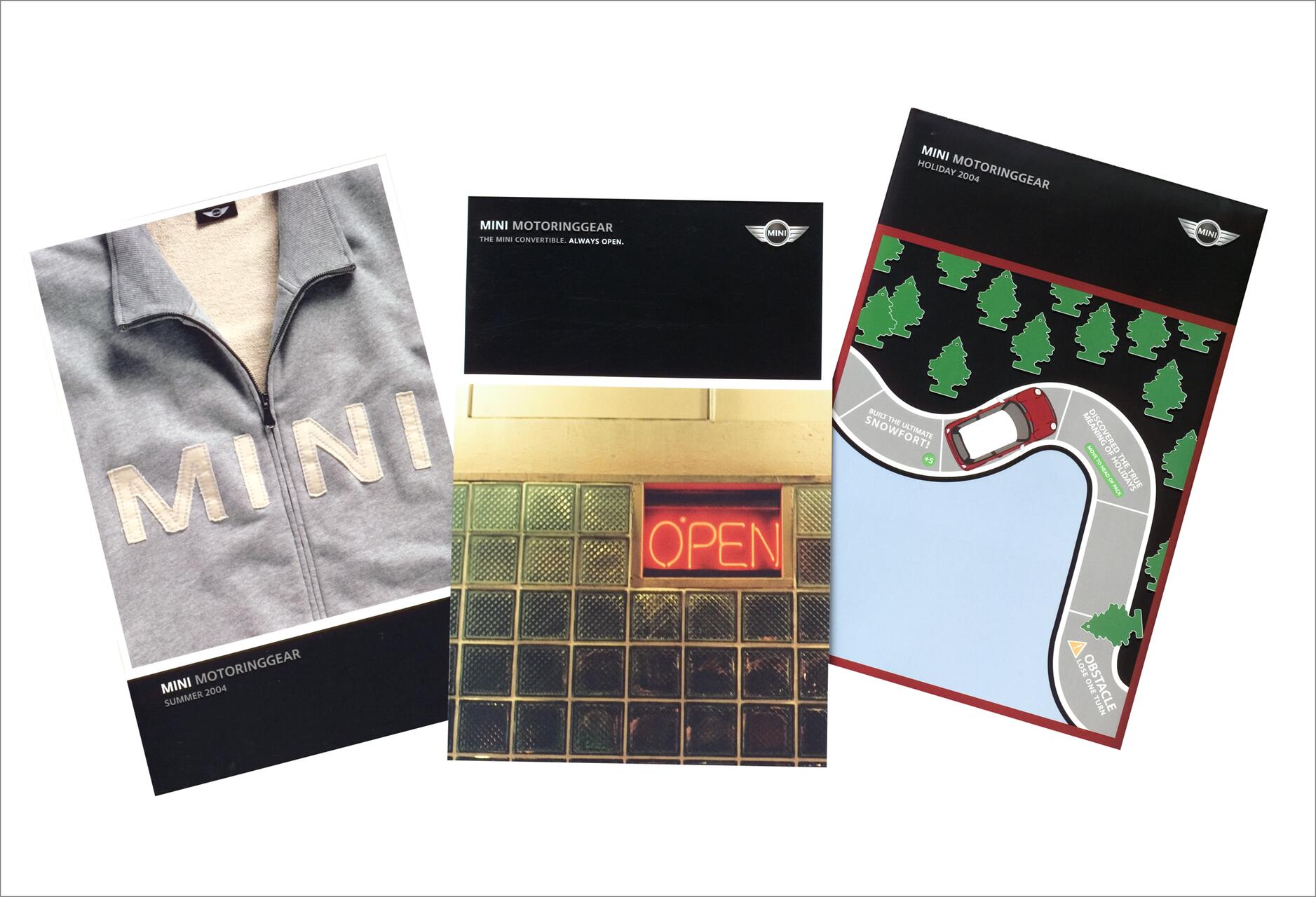 Collage of four Mini Cooper-themed images: a gray sweatshirt with "MINI" text, a black graphic with "MINI MOTORINGGEAR," a grid-patterned wall with an "OPEN" sign, and a playful car-themed map surrounded by trees.