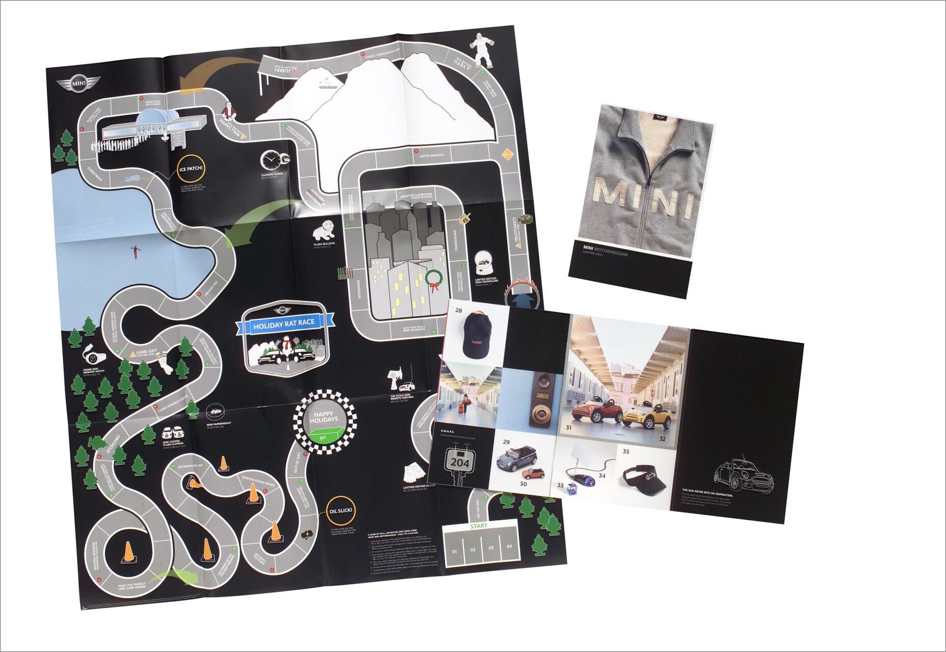 Board game map with a winding track through snowy mountains and forests, featuring icons like ice patches and oil slicks. Accompanied by a MINI clothing advertisement and images of cars and accessories.