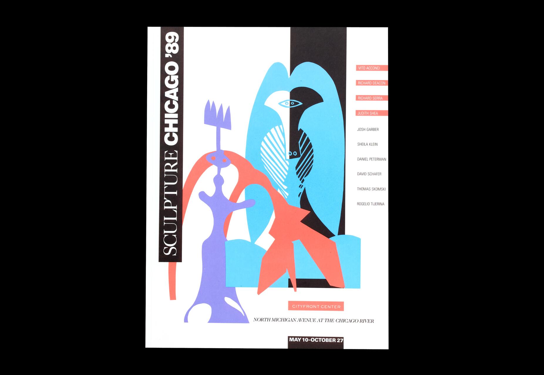 Poster for “Sculpture Chicago '89” featuring abstract shapes in blue, purple, and red. Names of artists listed on the right. Event dates and location details at the bottom.