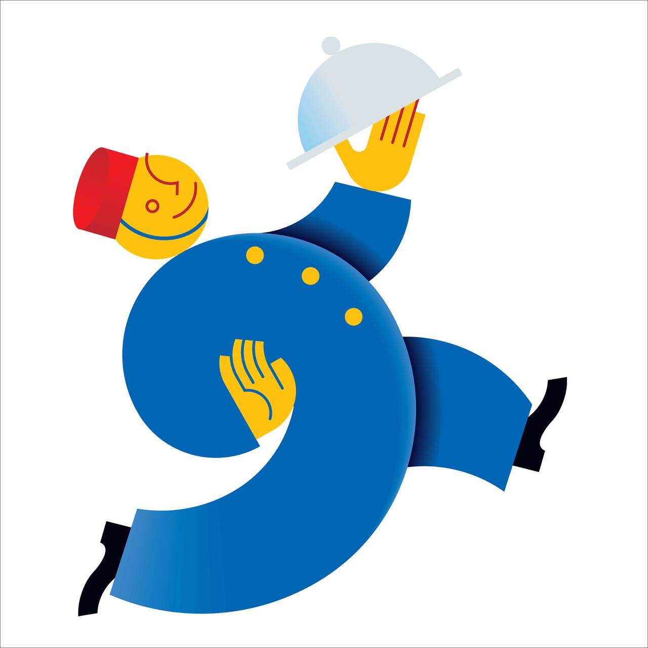 Stylized illustration of a person in a blue uniform and red hat, running with a serving tray and cloche.
