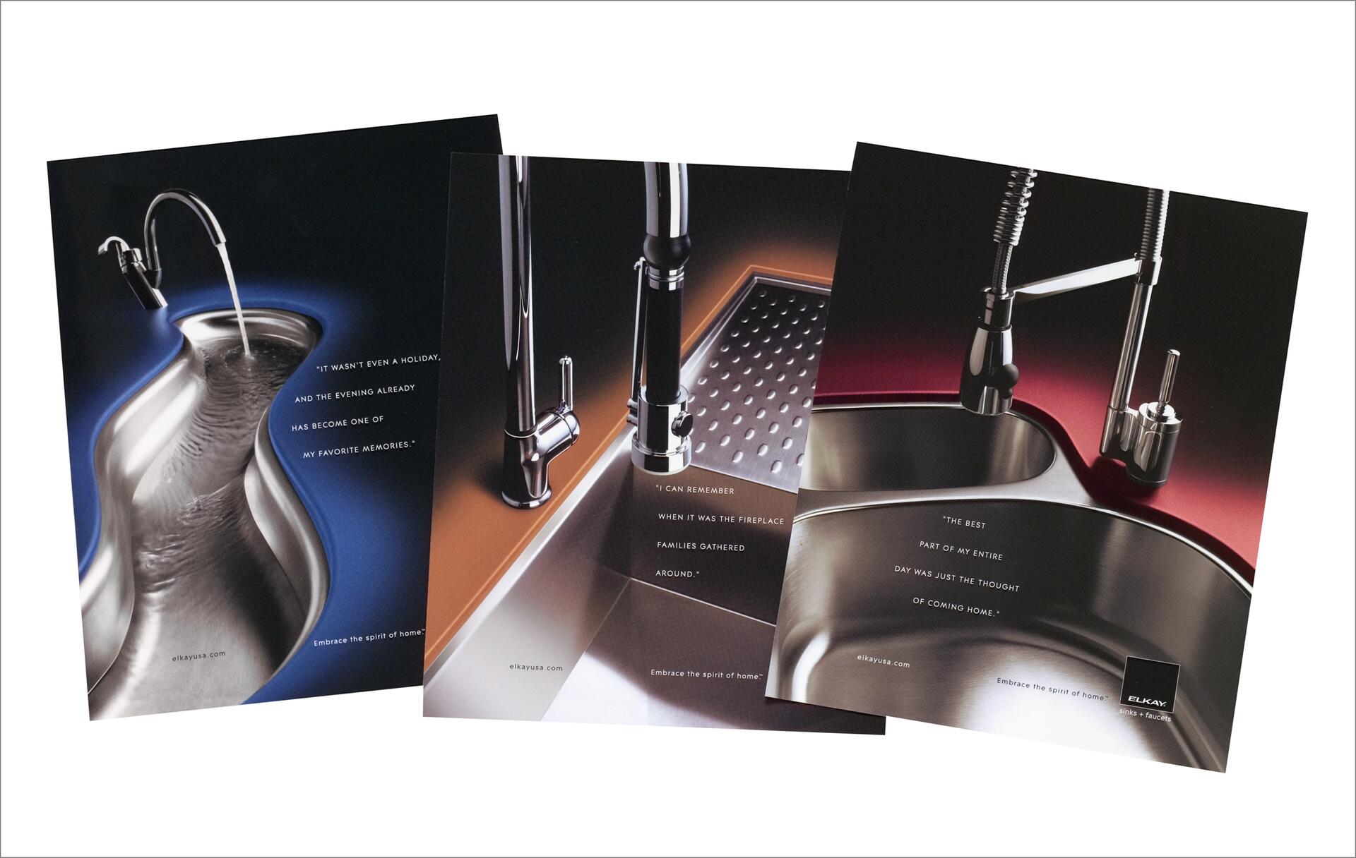 Three brochures featuring modern kitchen faucets and sinks with soft lighting in blue, orange, and red tones. Text with emotional quotes is overlaid on the images.