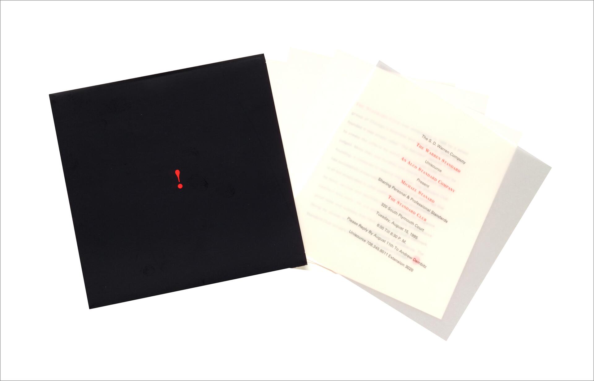 A black square envelope with a red exclamation mark lies open, revealing translucent sheets with text in red and black. The sheets are slightly overlapping, displaying an invitation or announcement. The background is white.