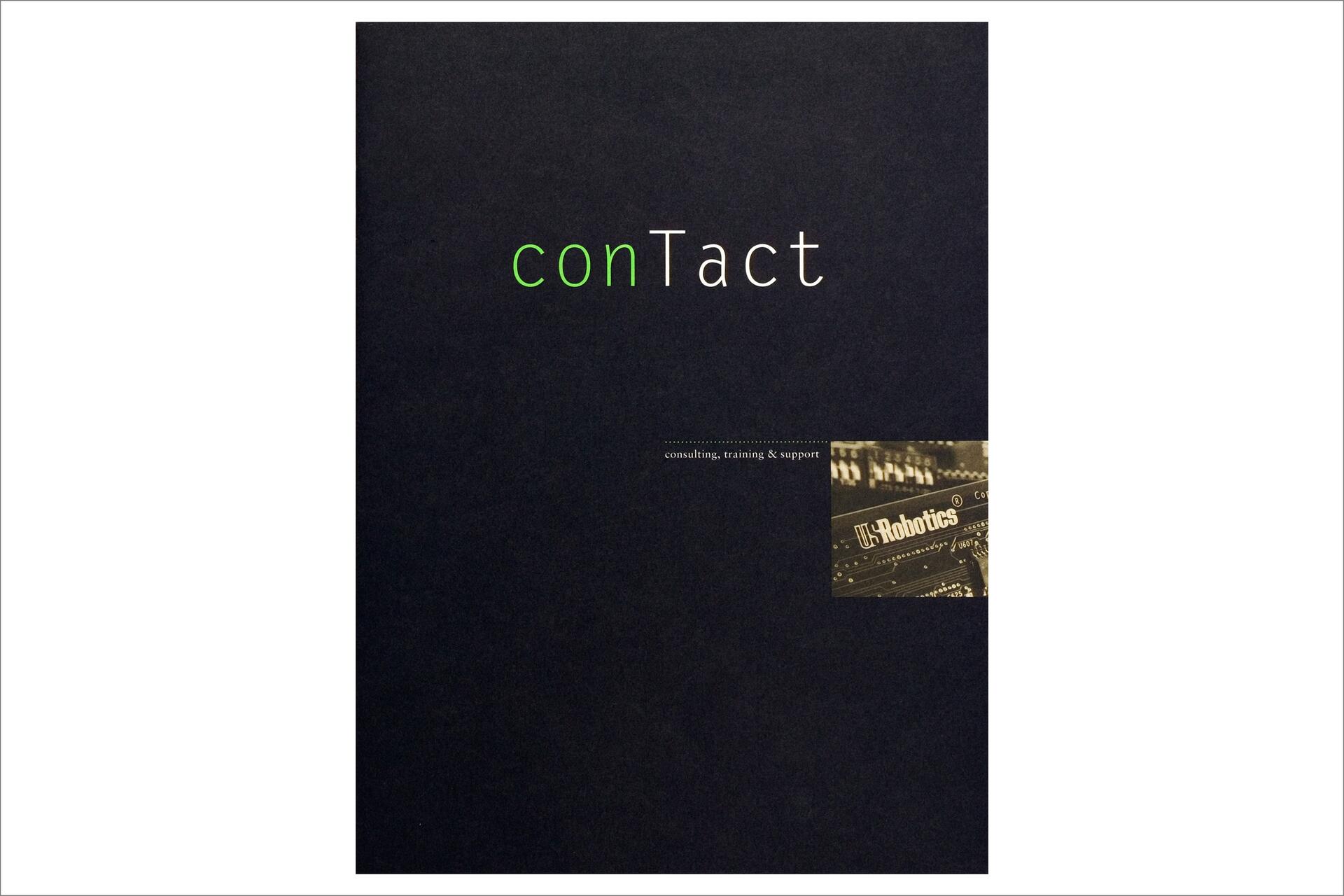 Dark cover with the word "conTact" in green and white text, alongside a small sepia-toned image of a U.S. Robotics logo with electronic equipment.