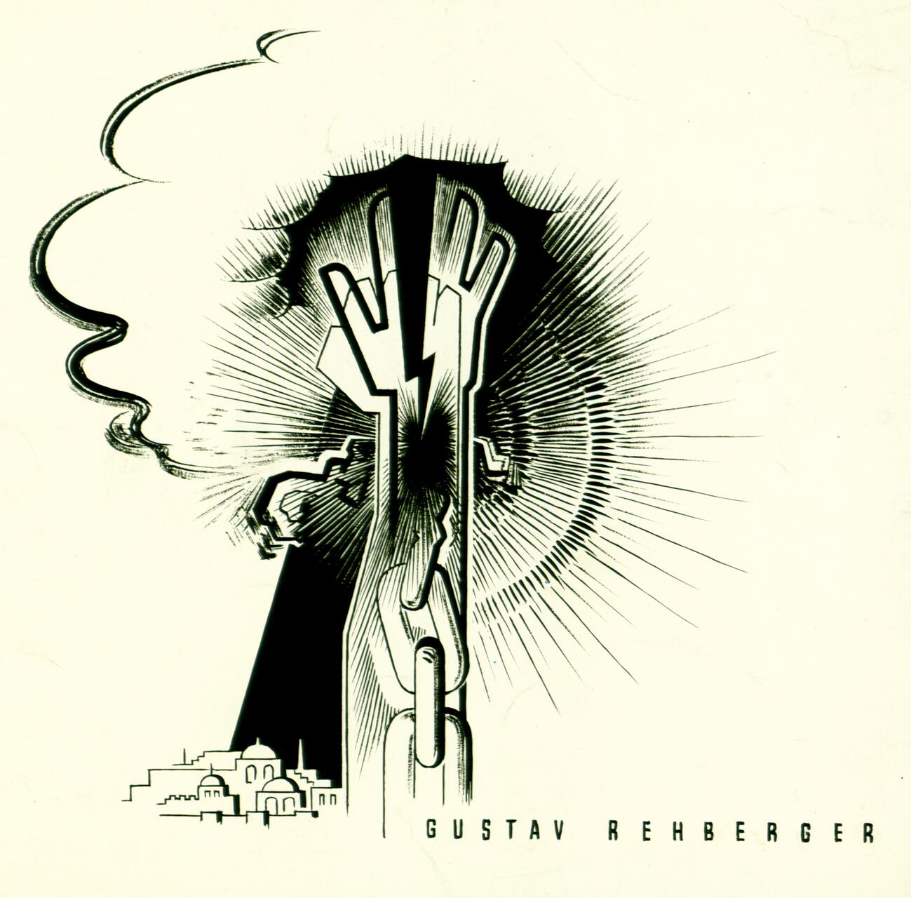 Stylized black and white illustration featuring an abstract tree with jagged edges and radiating lines, creating a bold, dynamic effect. A small depiction of a city skyline appears in the bottom left corner, with "Gustav Rehberger" at the bottom.