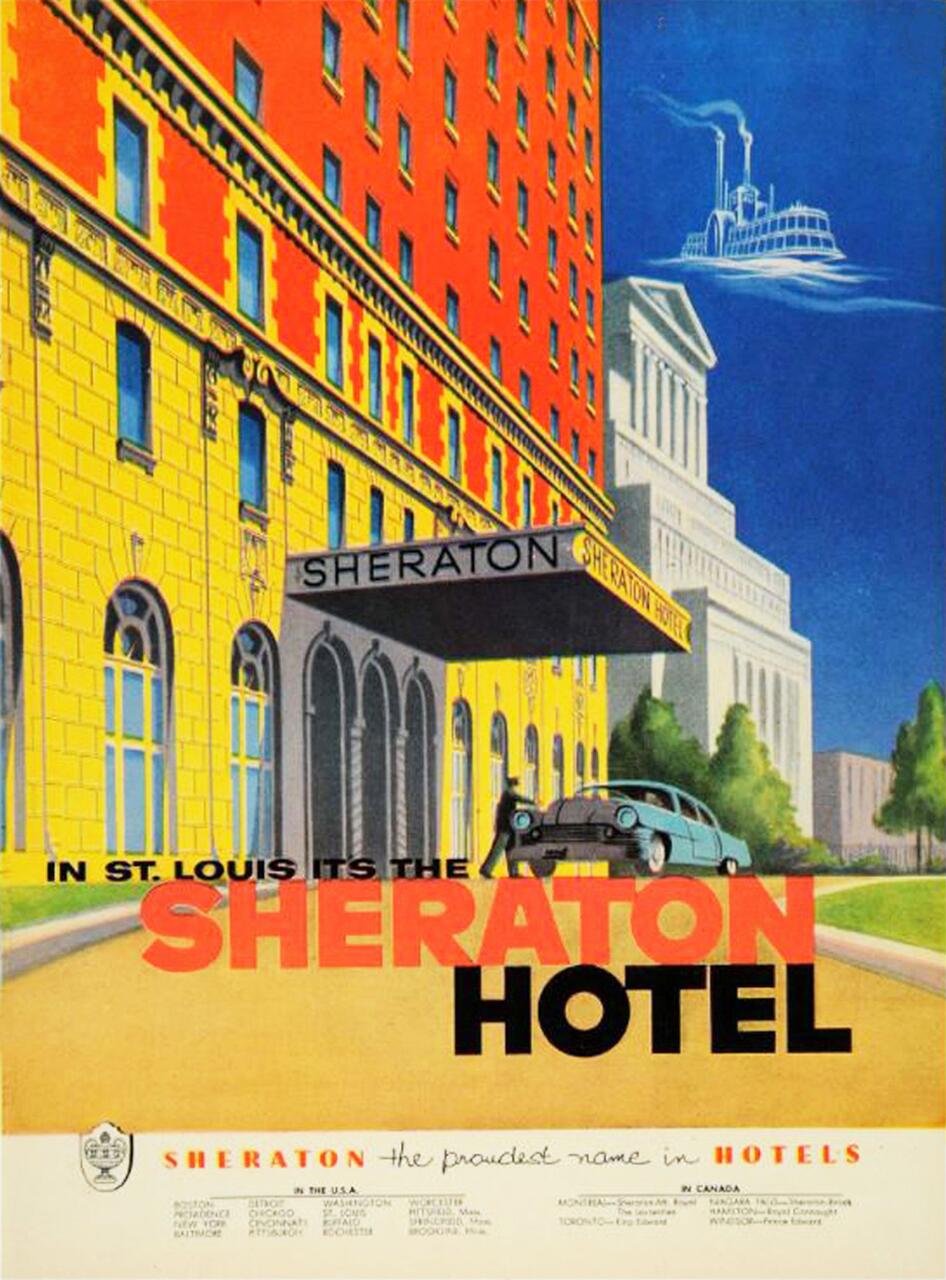 Vintage poster of the Sheraton Hotel in St. Louis, featuring vibrant colors with a red and yellow building facade, a sign reading "Sheraton," a classic car parked outside, and a steamboat illustration in the sky.