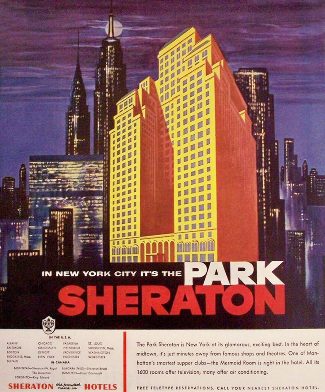 Vintage advertisement depicting a brightly lit Park Sheraton Hotel against a dark New York City skyline, featuring prominent skyscrapers. Bold text contrasts with the colorful background, emphasizing the hotel's location and appeal.
