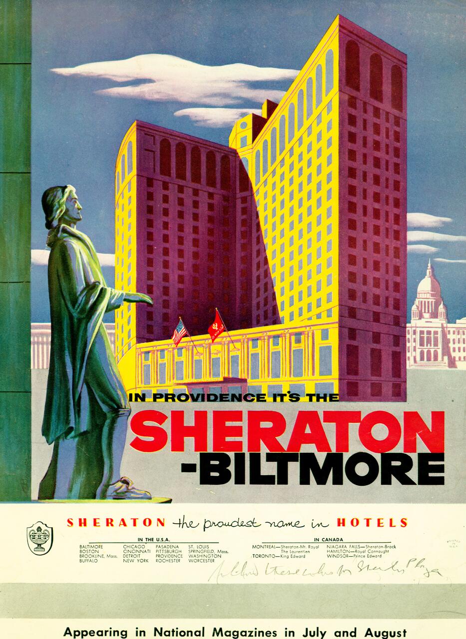 Colorful vintage advertisement for Sheraton-Biltmore in Providence, featuring a futuristic hotel building under a blue sky with clouds. A statue is in the foreground, with flags above the hotel entrance. Bold text highlights the Sheraton brand.