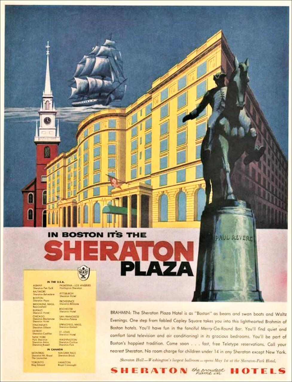 Vintage advertisement for Sheraton Hotels in Boston, featuring a yellow hotel building, a Paul Revere statue, a sailing ship, and a church steeple against a blue sky.