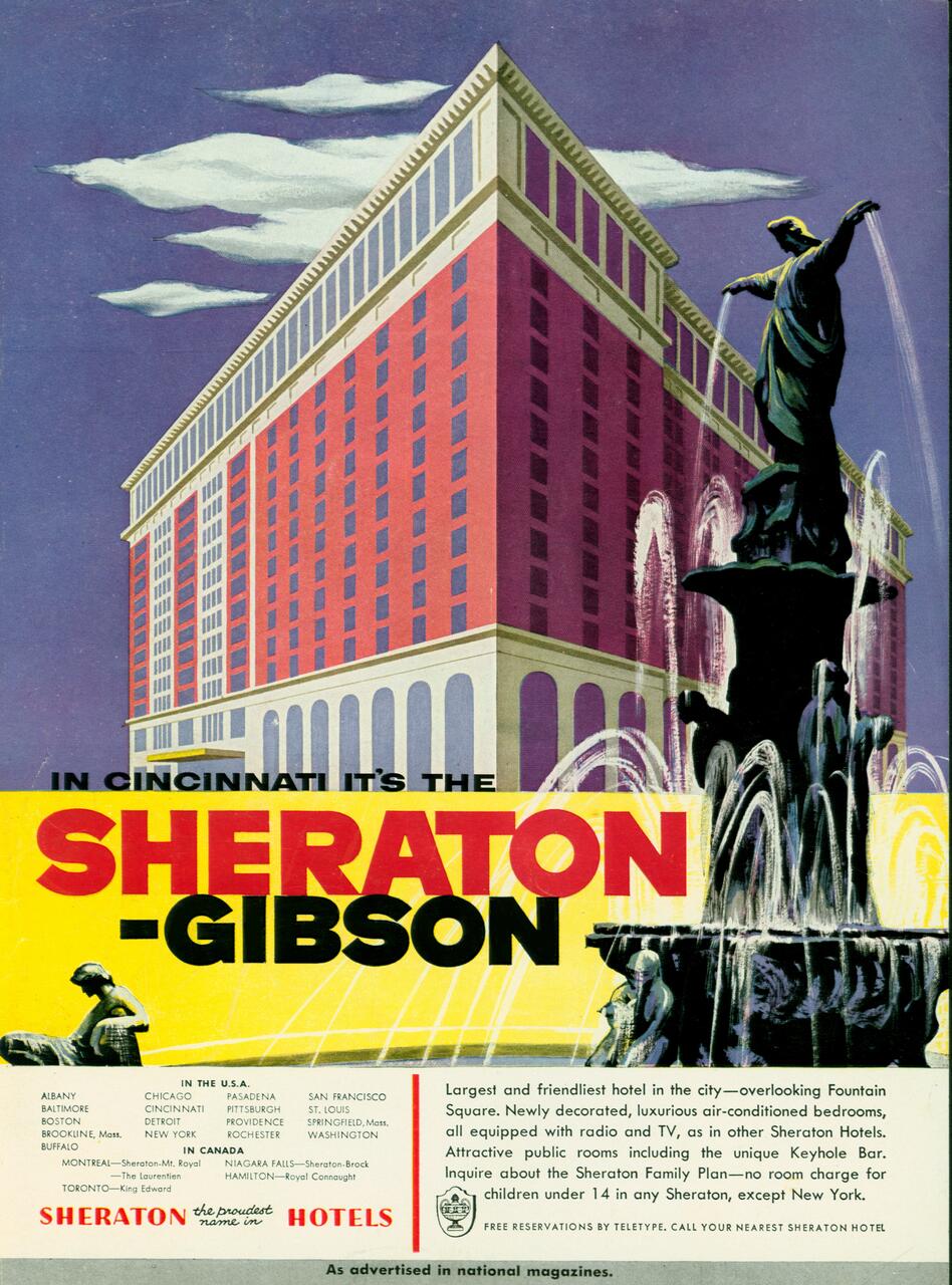Retro advertisement illustration featuring the Sheraton-Gibson Hotel with a large red facade, set against a blue sky with clouds. A prominent black fountain with a statue is in the foreground, with water streams arcing gracefully.