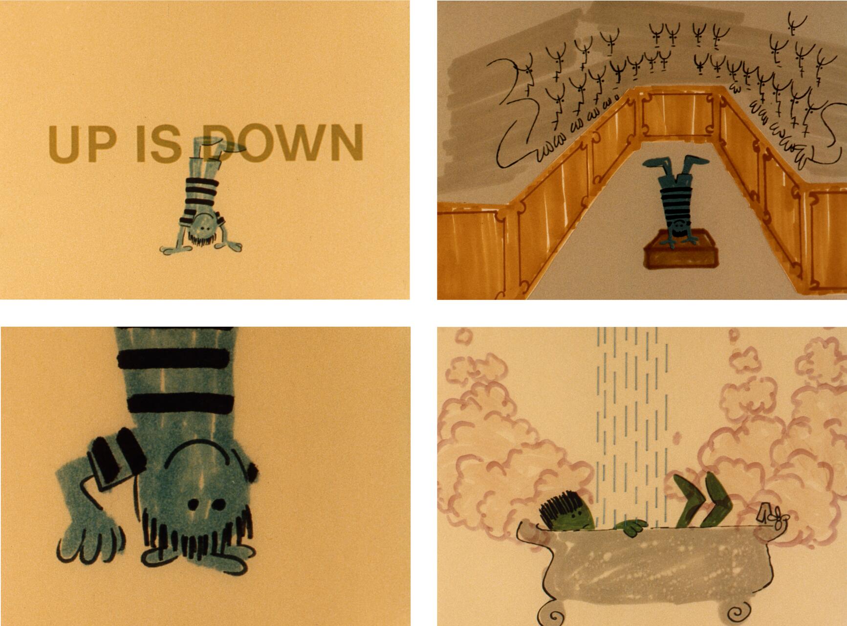 Four-panel comic: a person does a handstand with "UP IS DOWN" text; stands upside down at the end of a hall with trees on the walls; a close-up of their upside-down frown; and finally, relaxed in a bathtub with feet sticking up, steam rising.