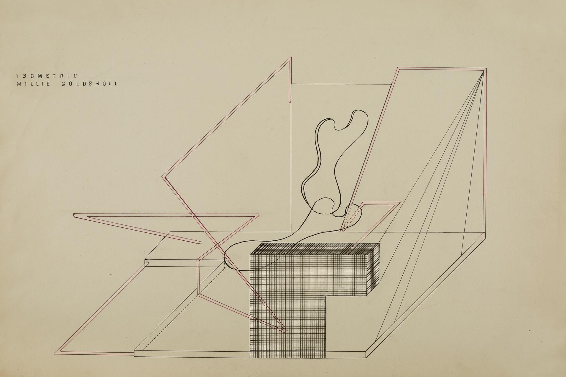 Abstract line drawing with geometric shapes, including red and black outlines, grid patterns, and a fluid black form, set on a beige background.