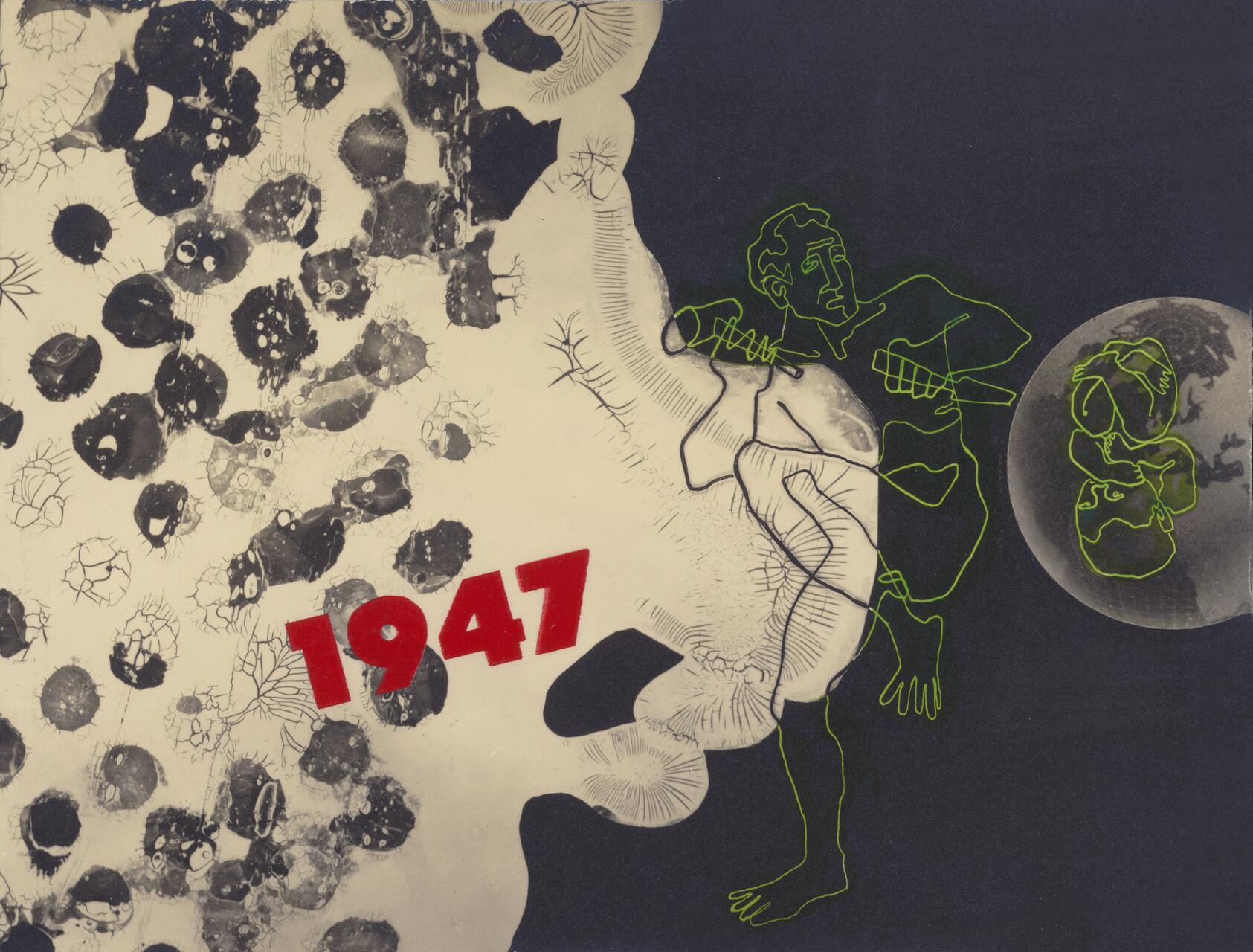Abstract art with black-and-white textured patterns resembling cells, a green outlined figure carrying another, and the year "1947" in bold red.