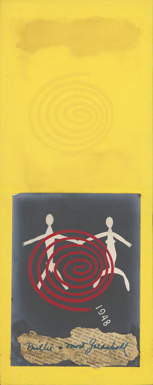 Two stylized white figures dancing around a red spiral on a dark background, with the number "1948" below. Torn newspaper scraps at the bottom; background is bright yellow with a faint spiral pattern.
