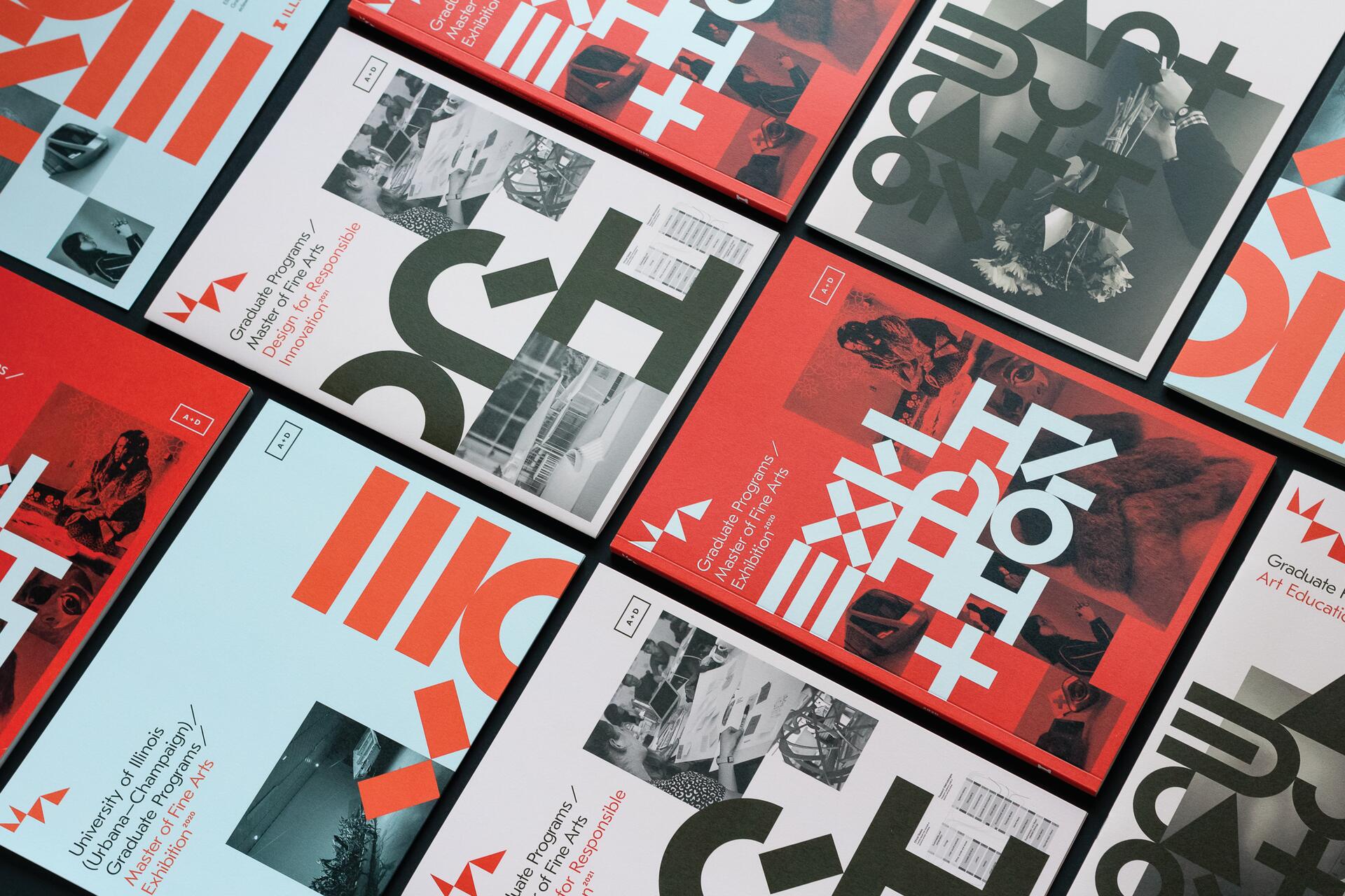 Assorted colorful brochures laid out in a grid, featuring bold typography and abstract designs in red, black, and white.