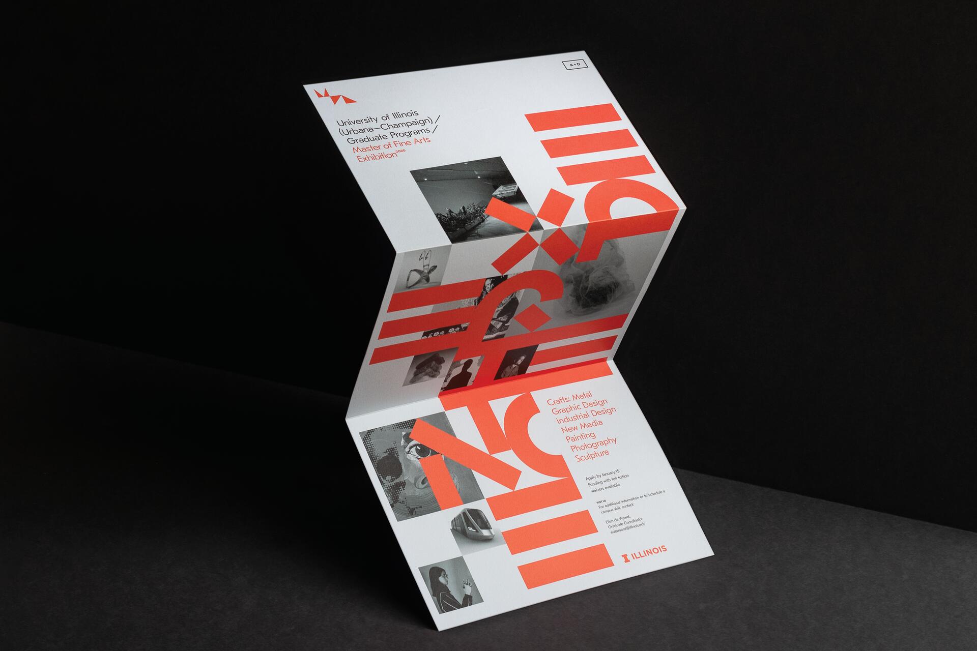 Tri-fold brochure with red text and images, featuring the University of Illinois Master of Fine Arts Exhibition. Highlights include departments like Graphic Design and Photography. Set against a dark background.