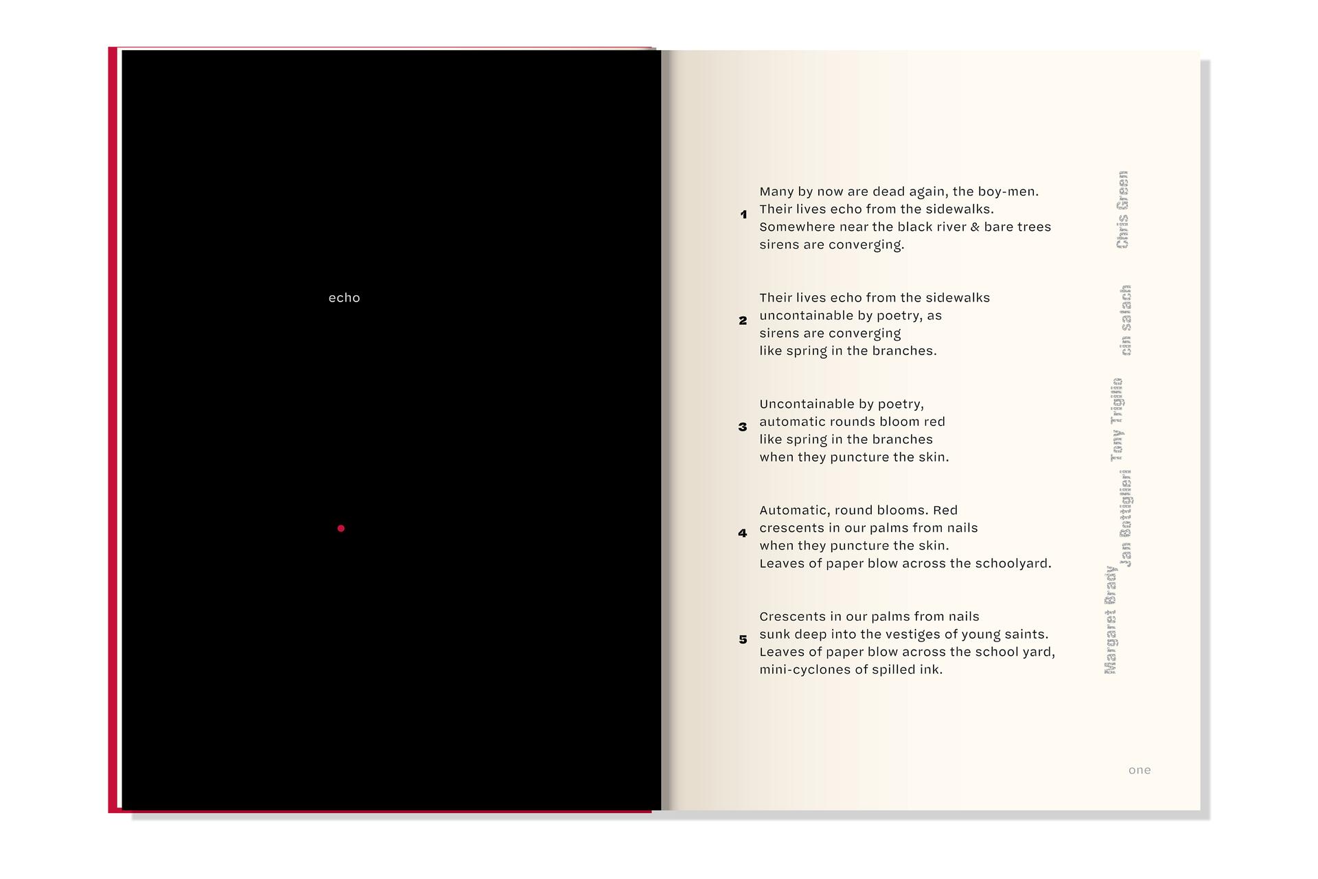 Two-page spread with a black left page featuring the word "echo" in white and a small red dot. The right page contains a poem in five stanzas, aligned to the left, exploring themes of life, death, and the imagery of spring and schoolyards. Names run vertically on the right.