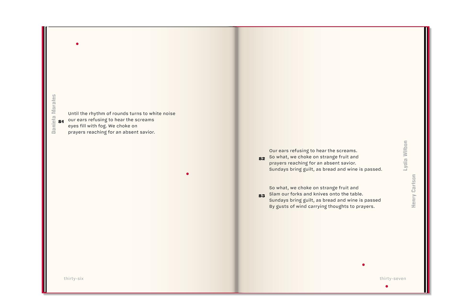 Open book with text: emotional verses discussing themes of noise, screams, prayers, and guilt. Two pages are shown, with poems from different authors. Red dots adorn the pages. Page numbers "thirty-six" and "thirty-seven" are noted at the bottom corners.