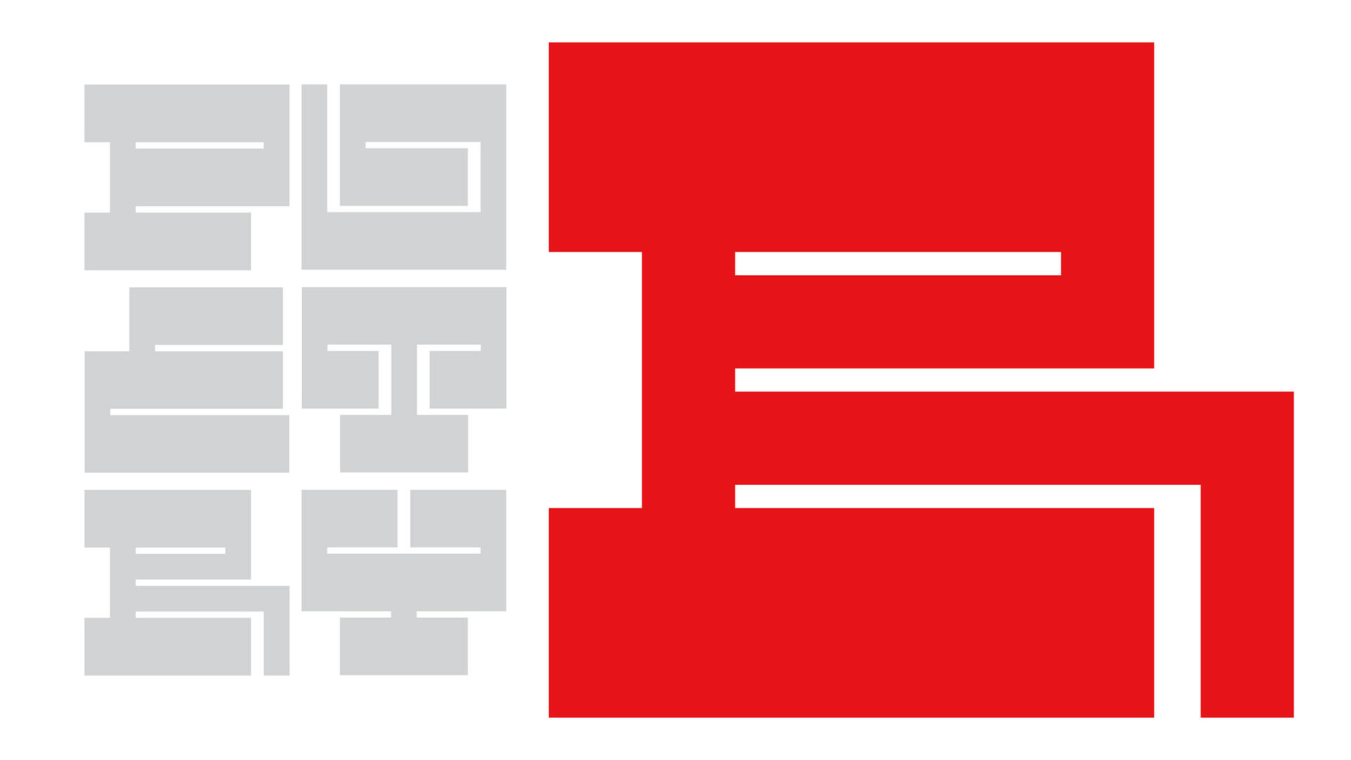 Red and gray geometric abstract design with rectangular shapes and patterns.