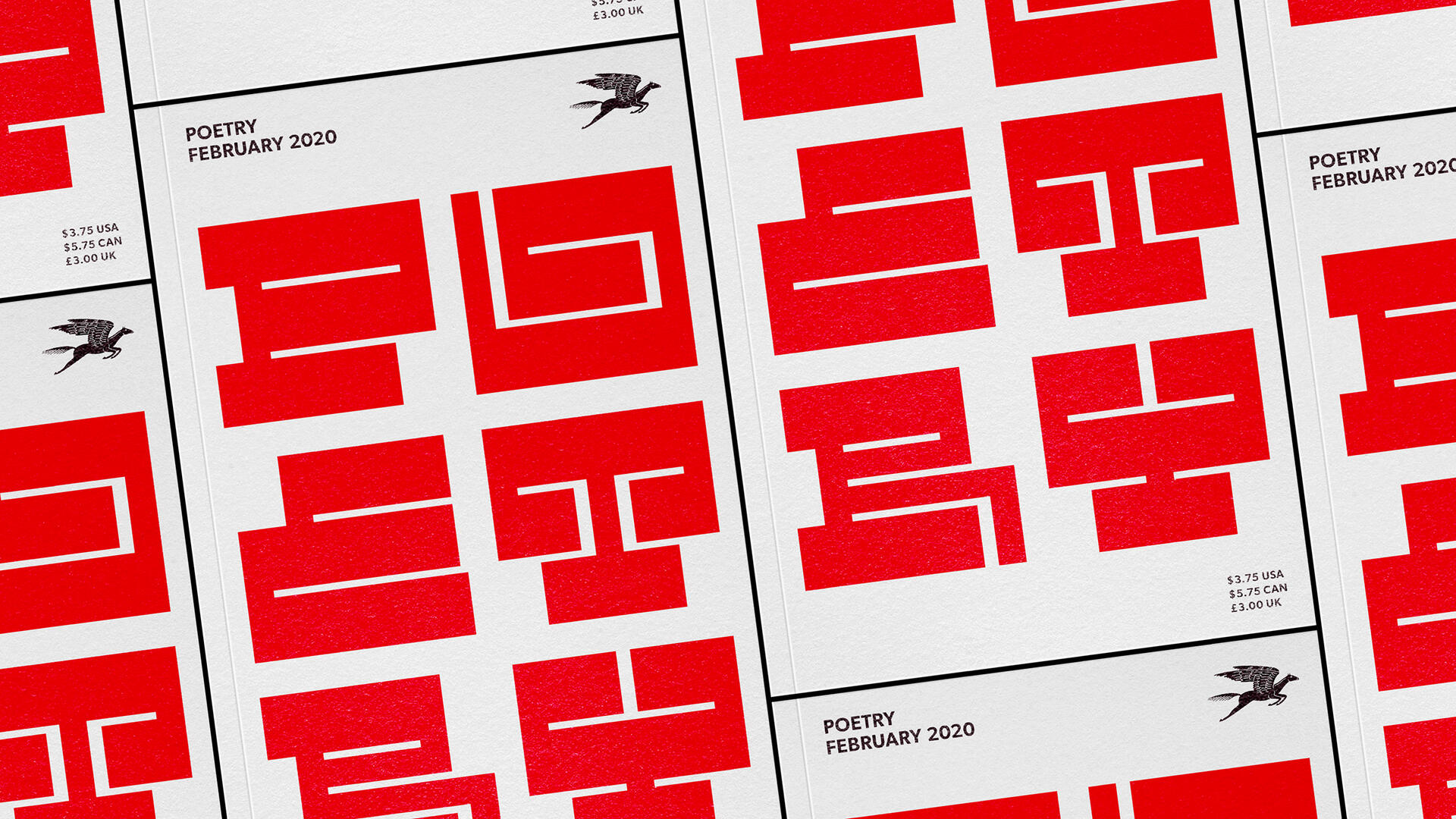 Geometric red shapes arranged in a grid pattern on a white background, with text reading "Poetry February 2020" and a small illustration of a flying horse.