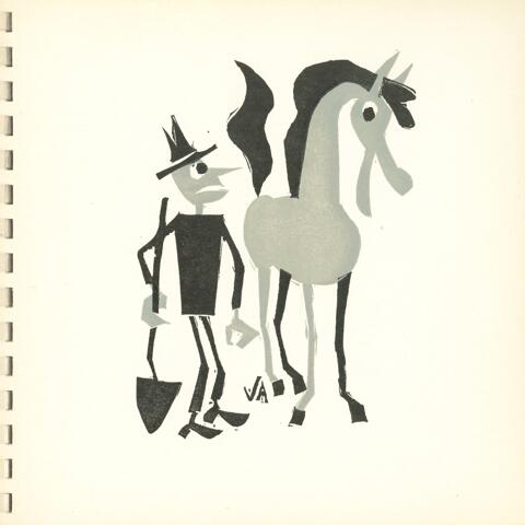 A black and white graphic illustration of a stylized, angular figure with a hat holding a spade, standing next to a horse with exaggerated curves and features.