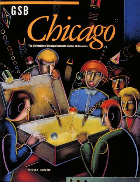 Stylized illustration of six people in colorful clothing collaborating around a table with geometric shapes and lines. The scene has an abstract, imaginative feel, with vibrant colors and dynamic, swirling elements surrounding the figures.