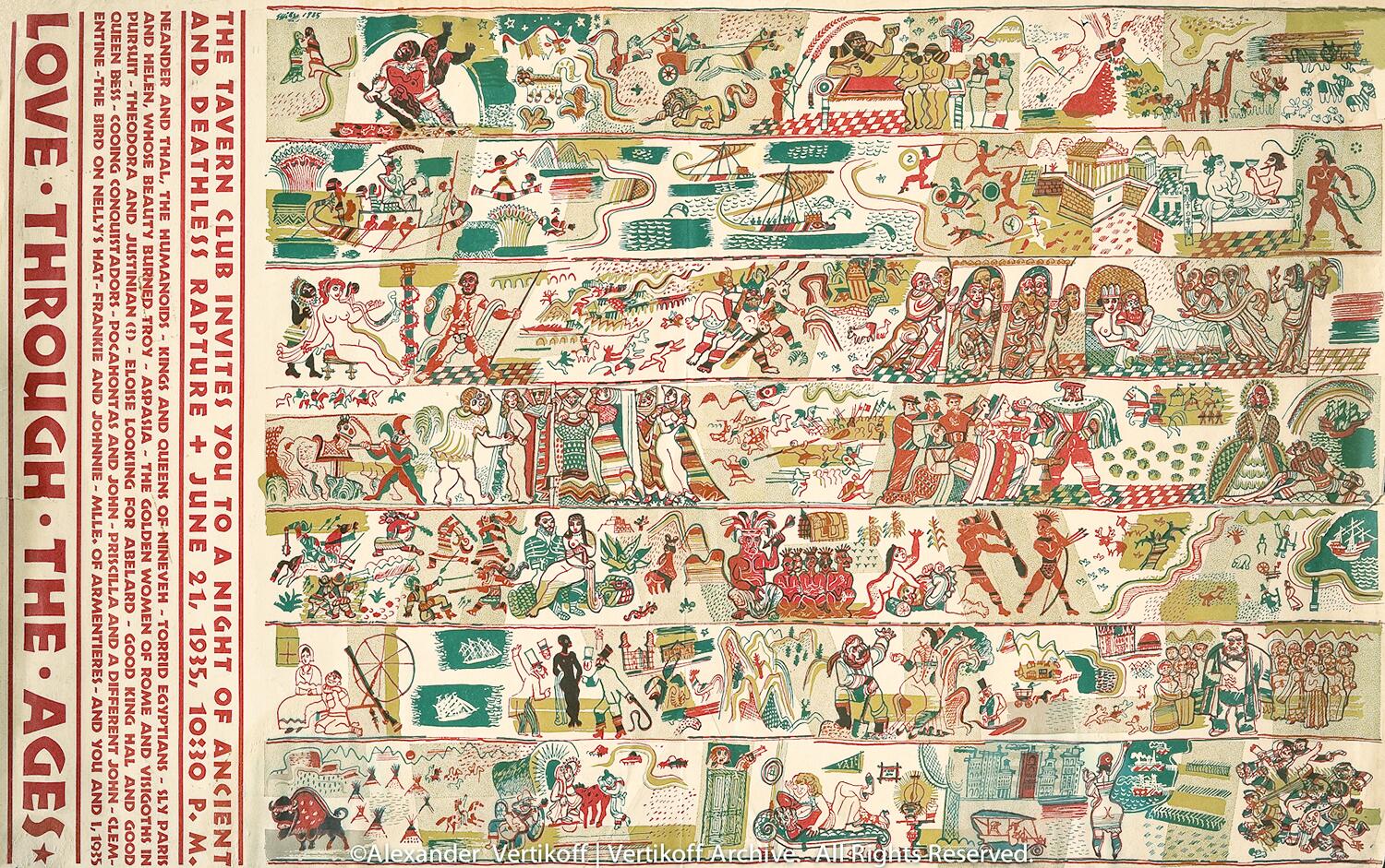 Illustrated poster with colorful, historical scenes depicting various eras. Vibrant images show ancient hunts, royal gatherings, romantic couples, and mythological creatures. Bold red text on the left reads "Love Through the Ages."