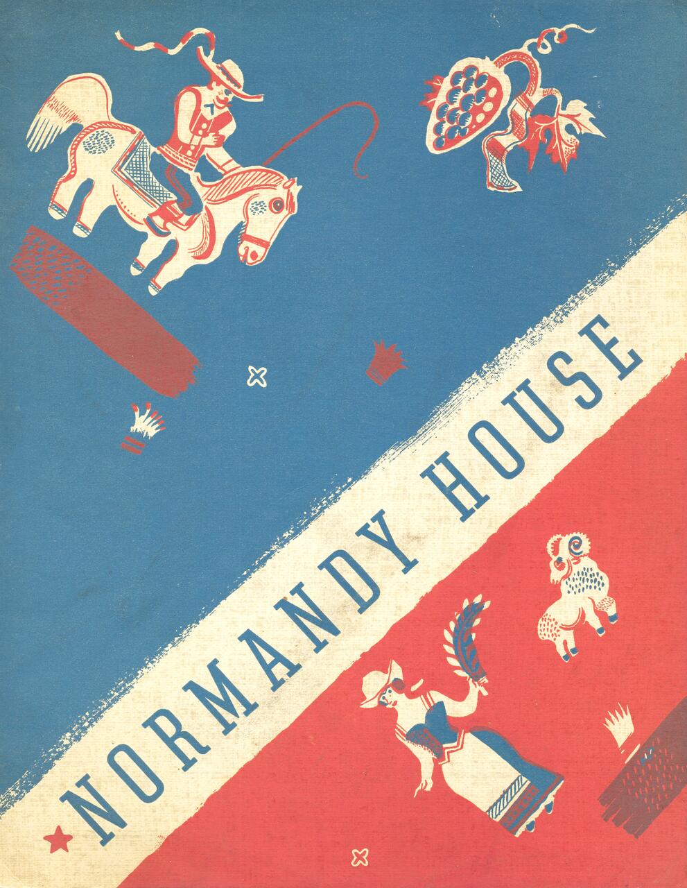 Vintage-style graphic with blue and red backgrounds featuring stylized figures: a man on a horse, a woman holding leaves, a bunch of grapes, and a sheep. Diagonal text reads "NORMANDY HOUSE."