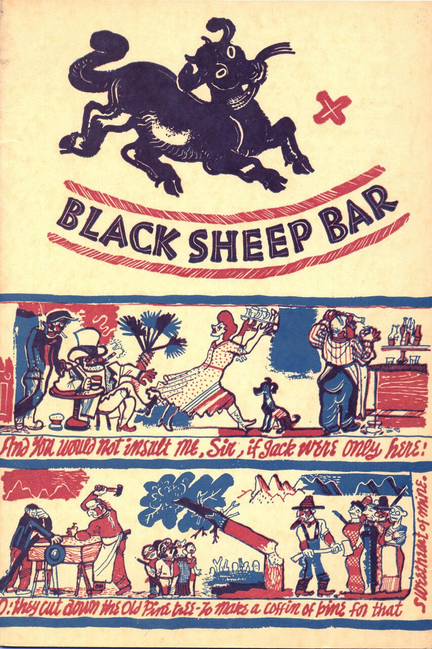 Vintage-style graphic poster for Black Sheep Bar with illustrations of a black sheep and scenes of people drinking and socializing. Red and blue colors dominate the whimsical drawings.