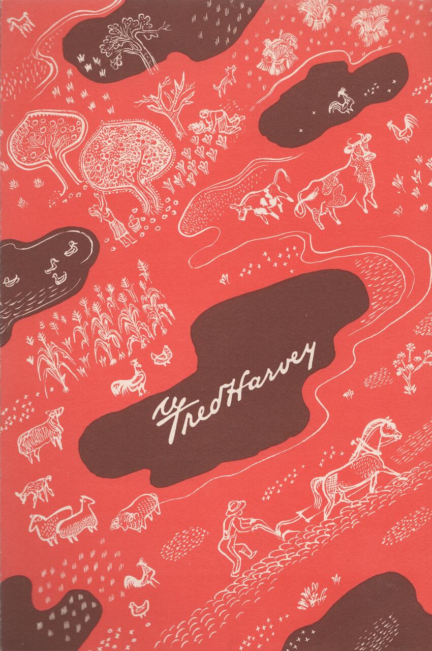 Red and brown graphic illustration of farm scenes including cows, trees, chickens, and a farmer with a horse. Handwritten "Fred Harvey" in the center.